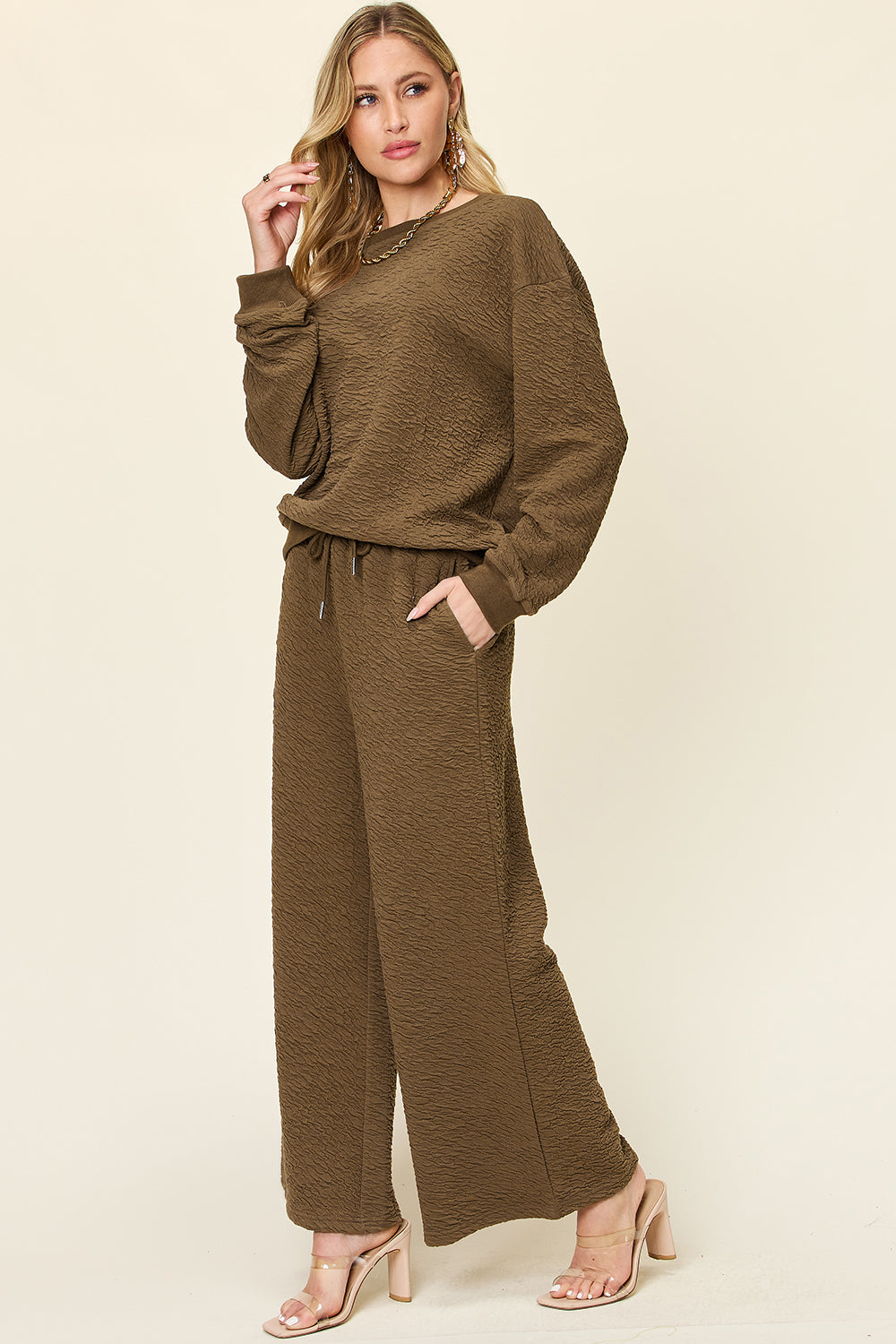Texture Long Sleeve Top and Pants Set - 4 color options
