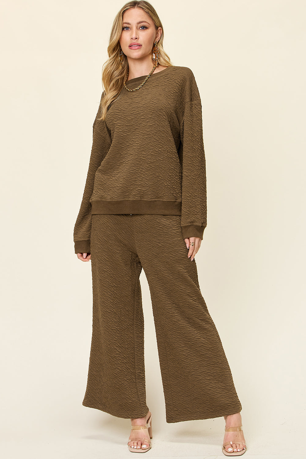 Texture Long Sleeve Top and Pants Set - 4 color options