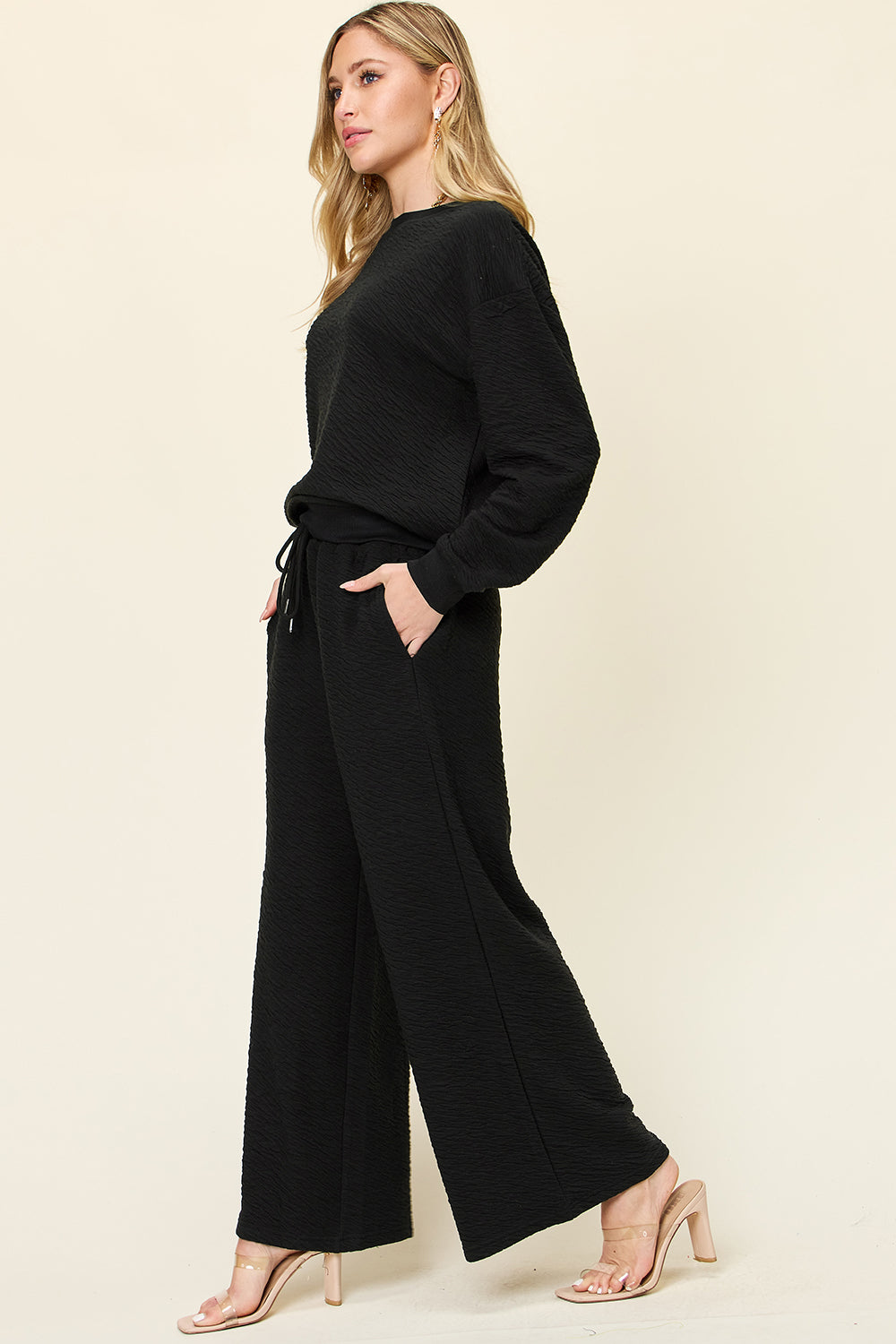 Texture Long Sleeve Top and Pants Set - 4 color options