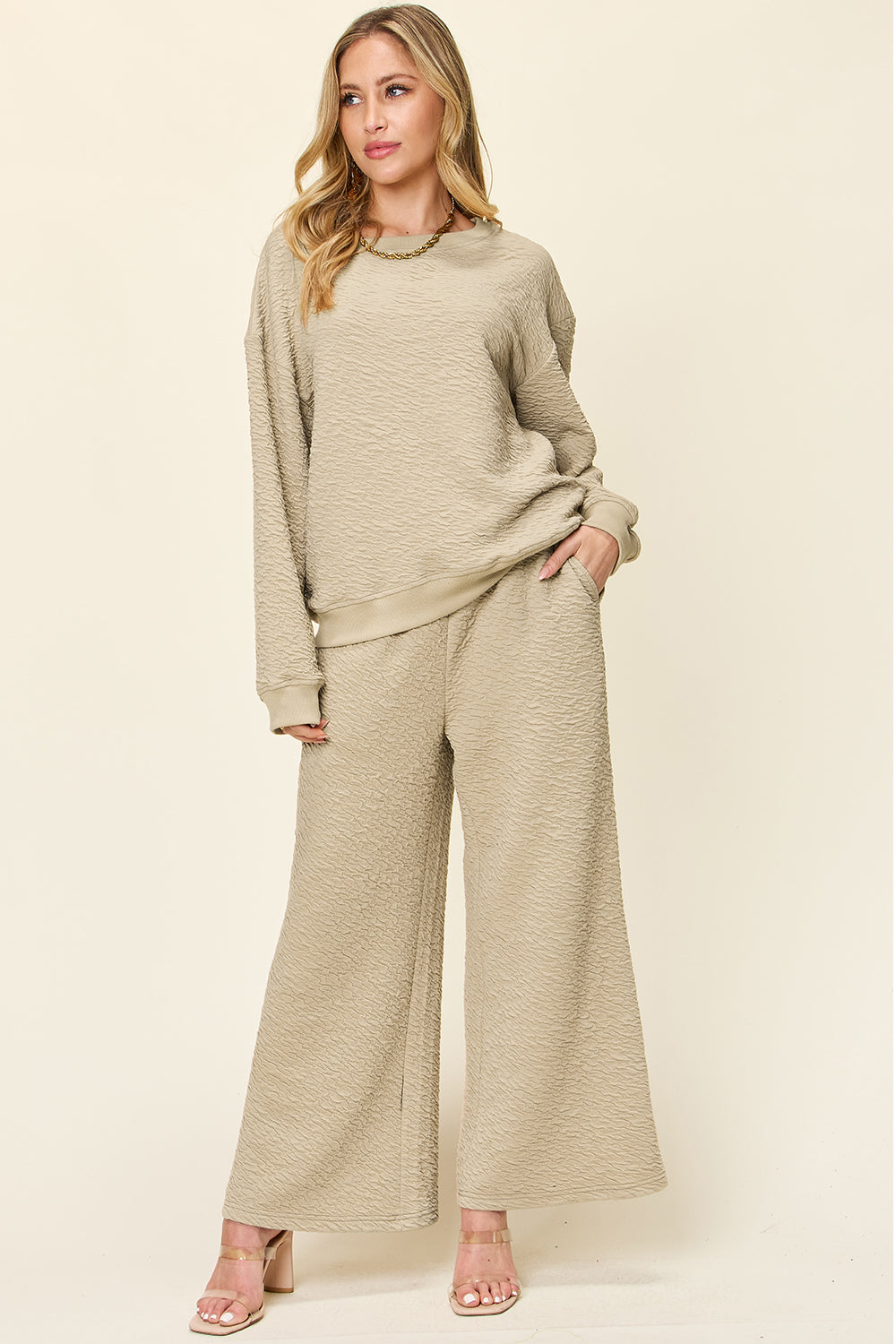 Texture Long Sleeve Top and Pants Set - 4 color options