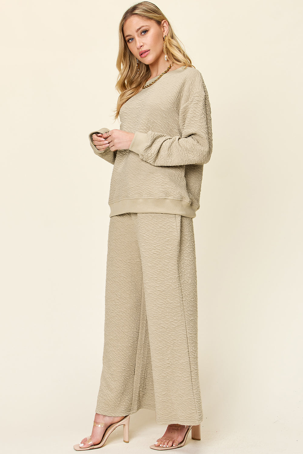 Texture Long Sleeve Top and Pants Set - 4 color options