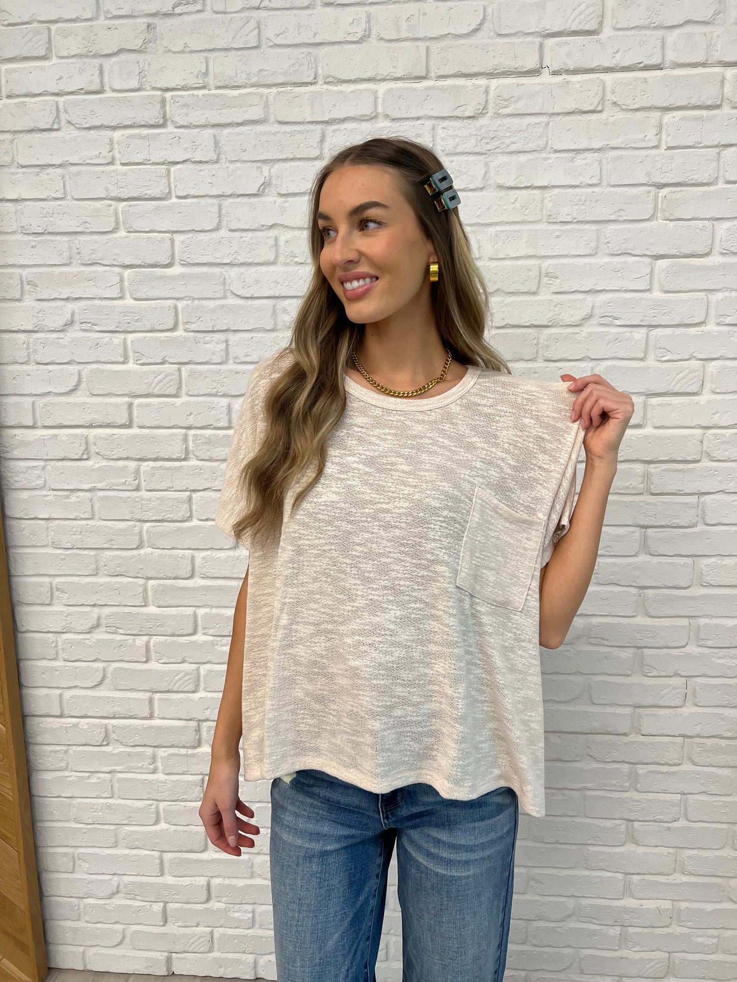 Zenana Basically Flowing Top in Sand Beige