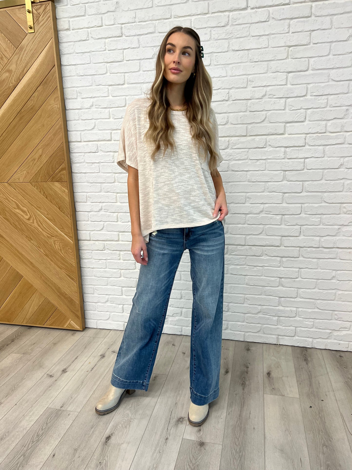 Zenana Basically Flowing Top in Sand Beige