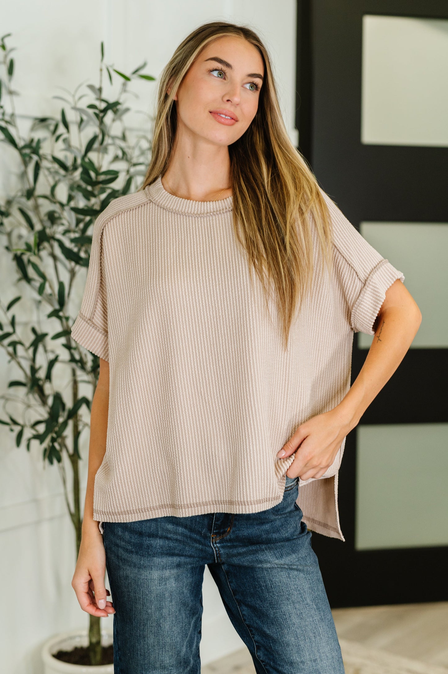 Zenana Cable Ribbed Knit Top in Ash Mocha