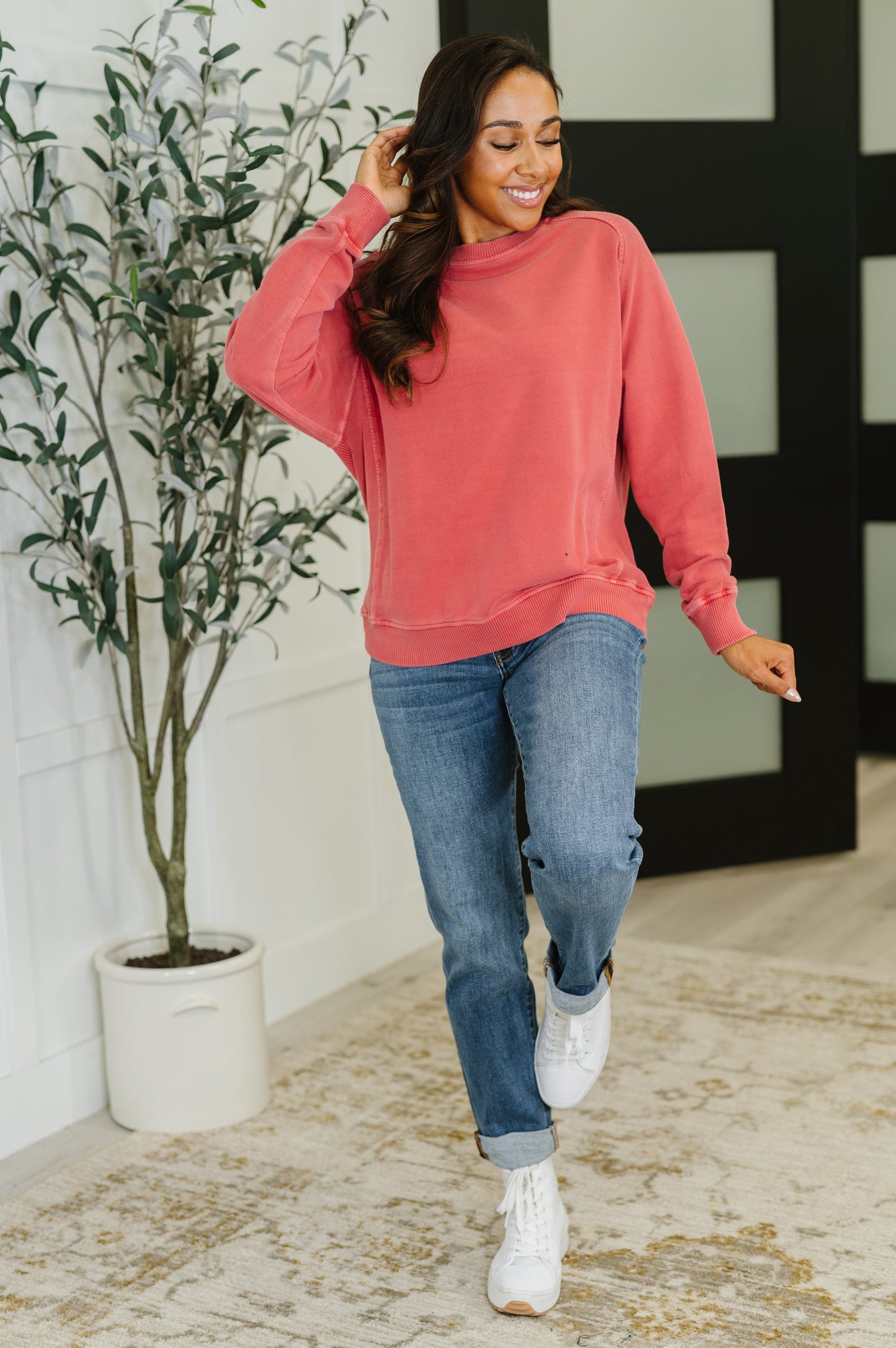 Zenana Mineral Wash Pullover in Ruby