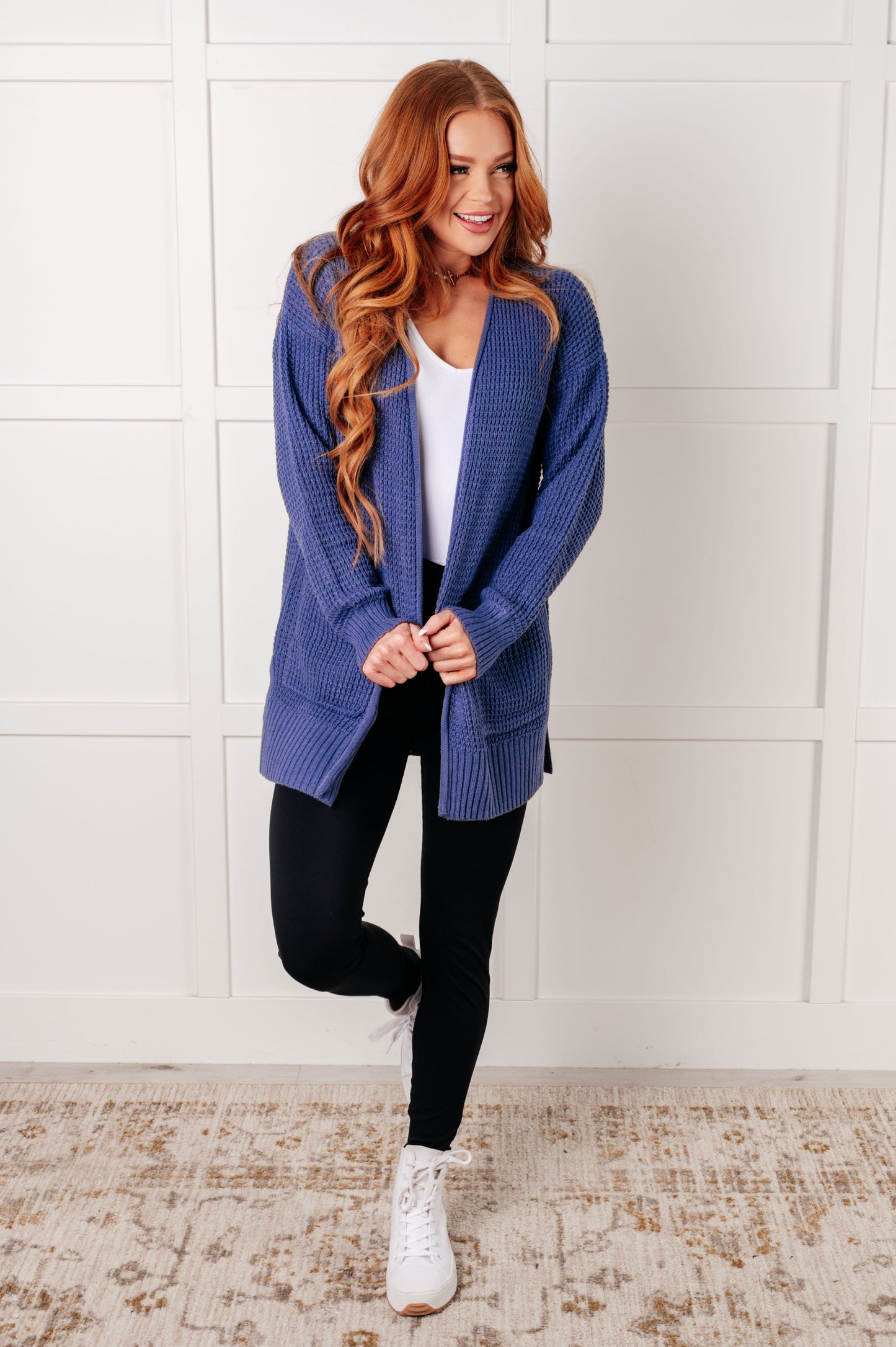 Zenana Waffle Knit Open Front Cardigan in Marlin