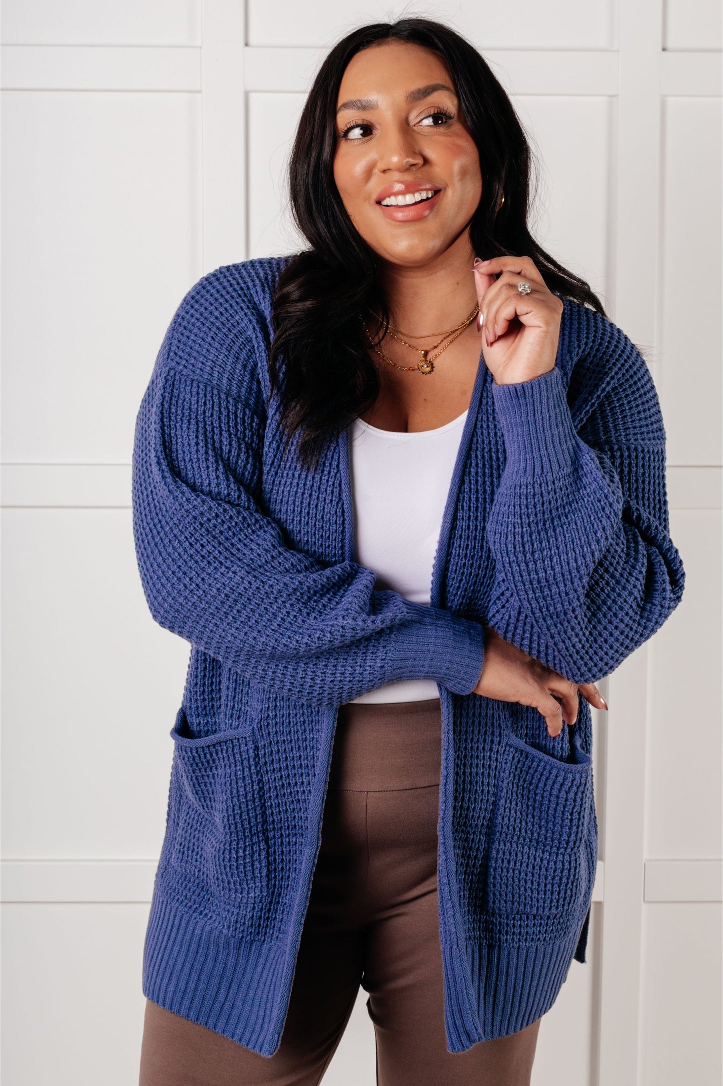 Zenana Waffle Knit Open Front Cardigan in Marlin
