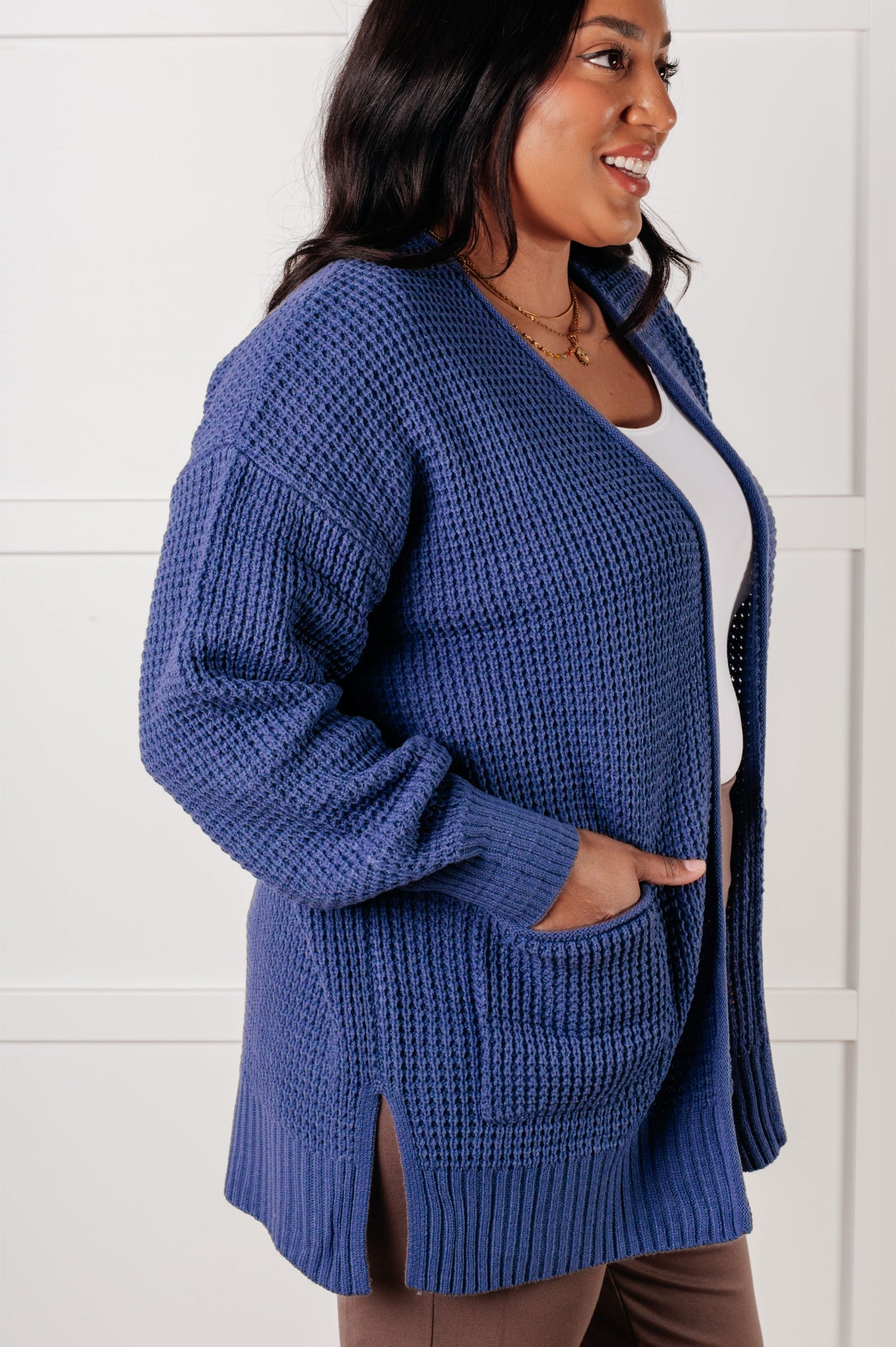 Zenana Waffle Knit Open Front Cardigan in Marlin