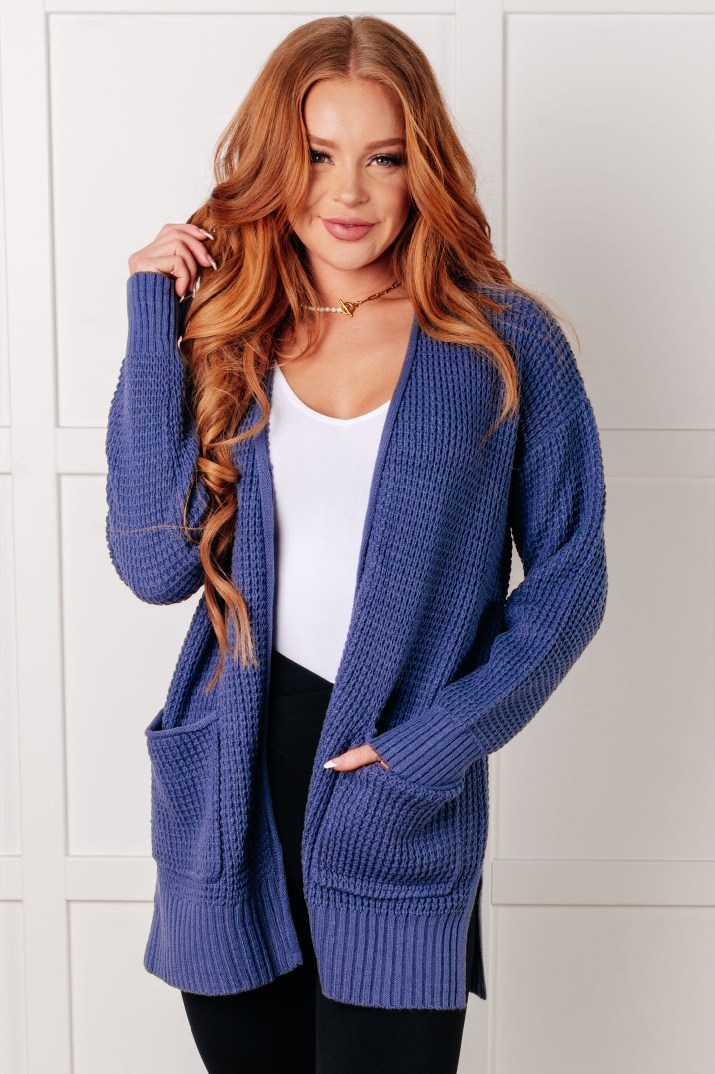 Zenana Waffle Knit Open Front Cardigan in Marlin