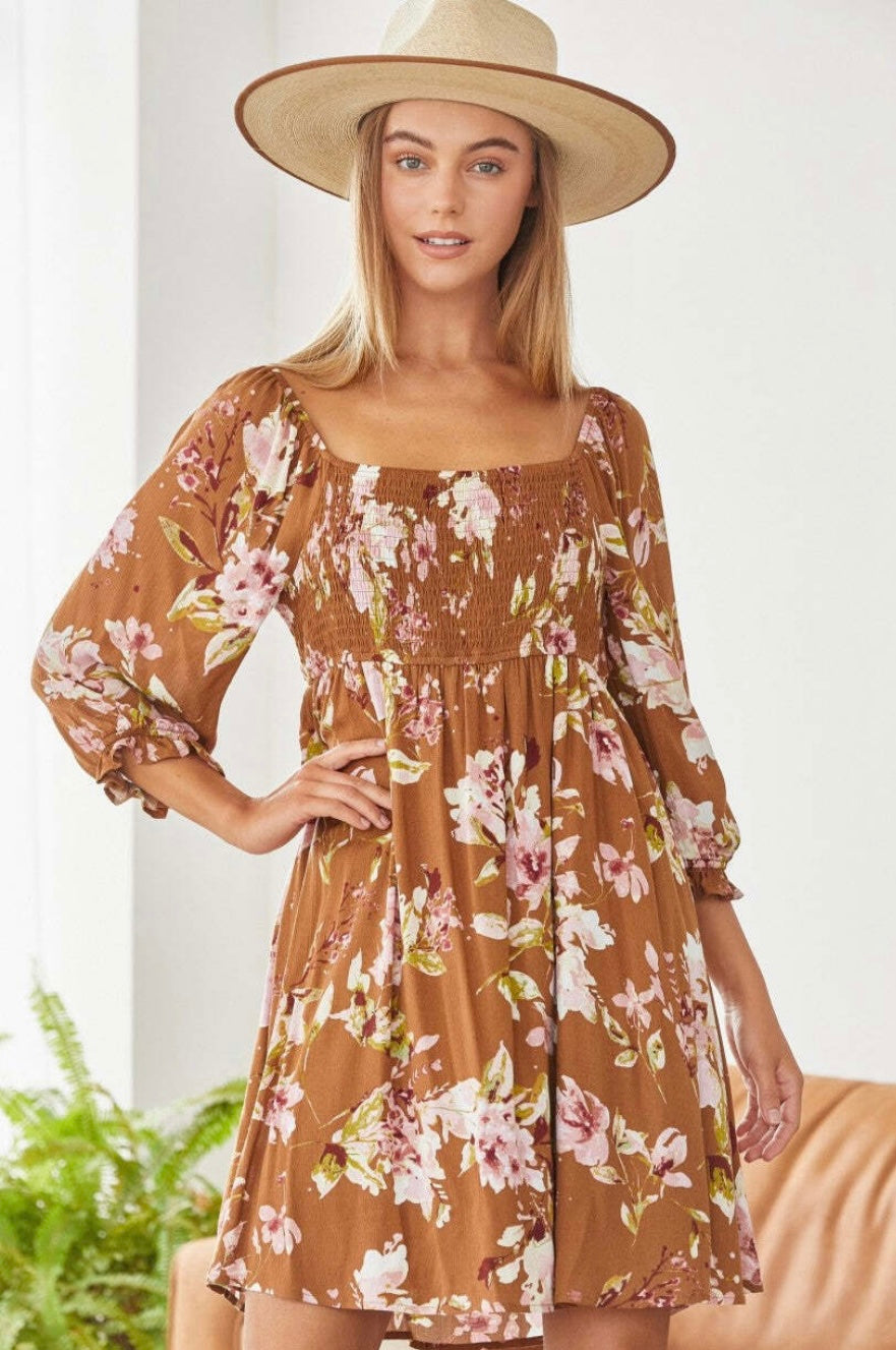 Camel Floral Smocked Dress