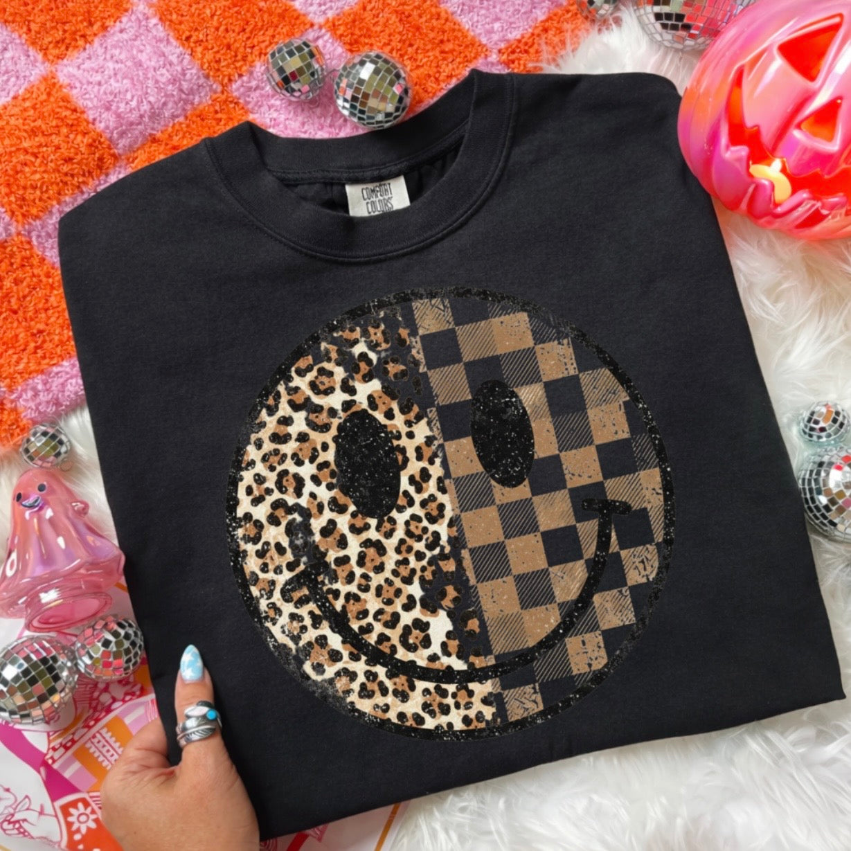 Black Happy Checkered Smile Graphic Tee or Sweatshirt