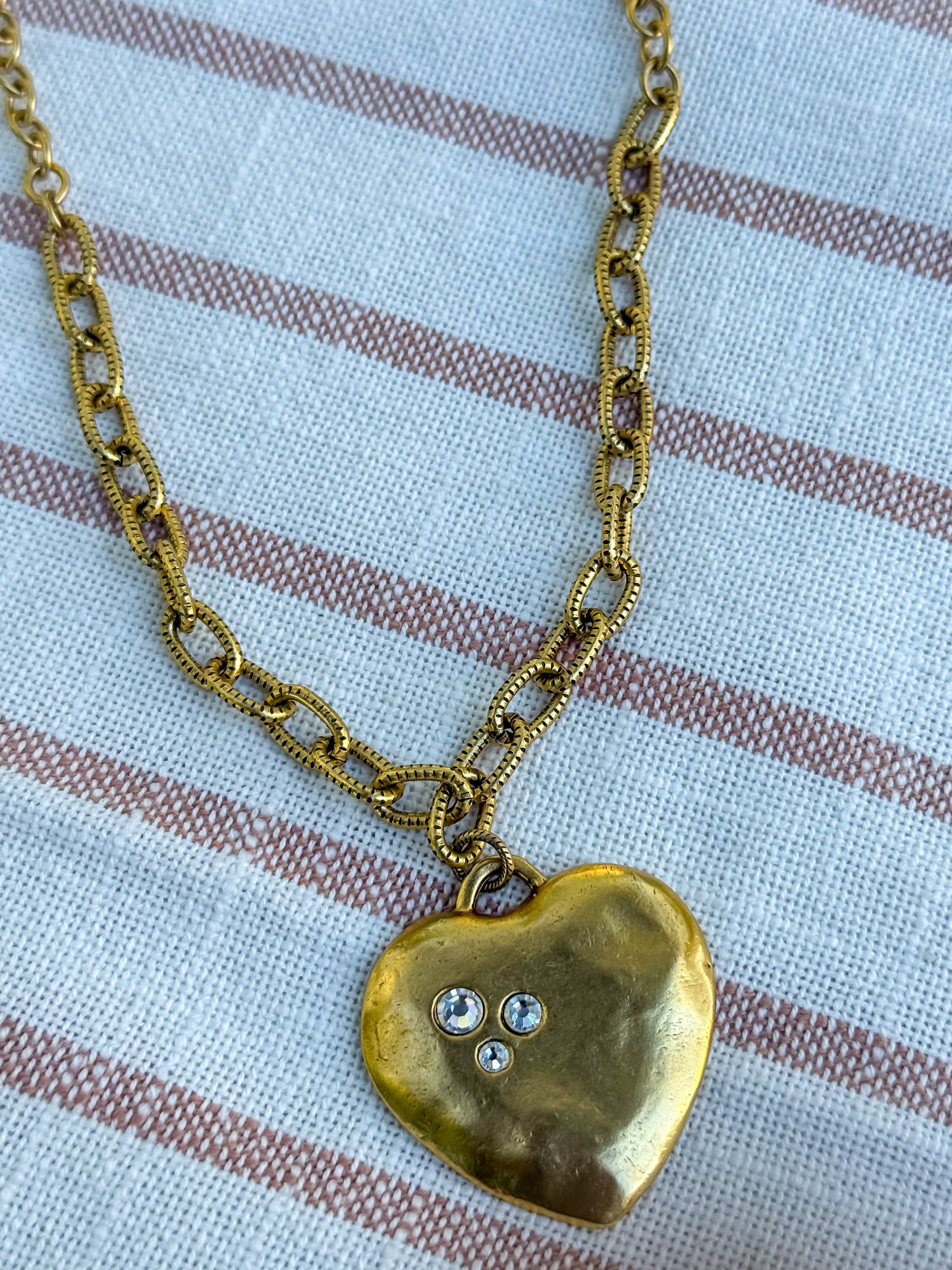 Antiqued Gold Puffy Heart Necklace