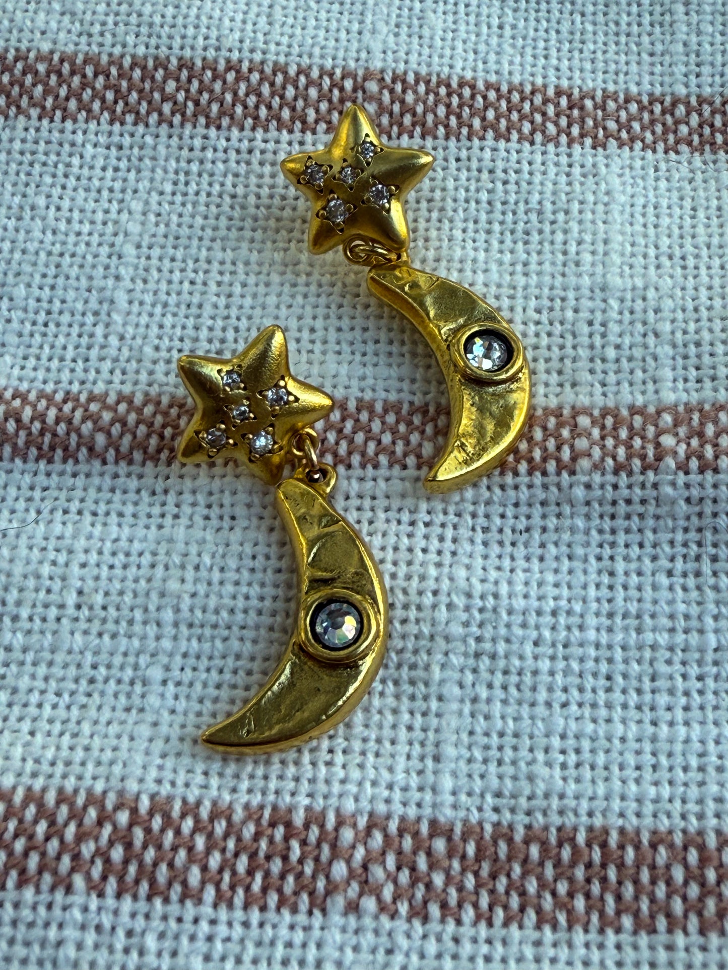 Antiqued Gold Star & Moon CZ Earrings