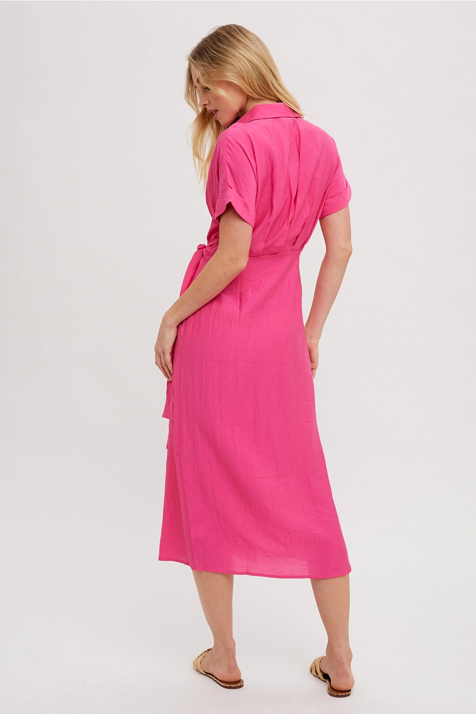 Pink Front Tie Short Sleeve Wrap Midi Dress
