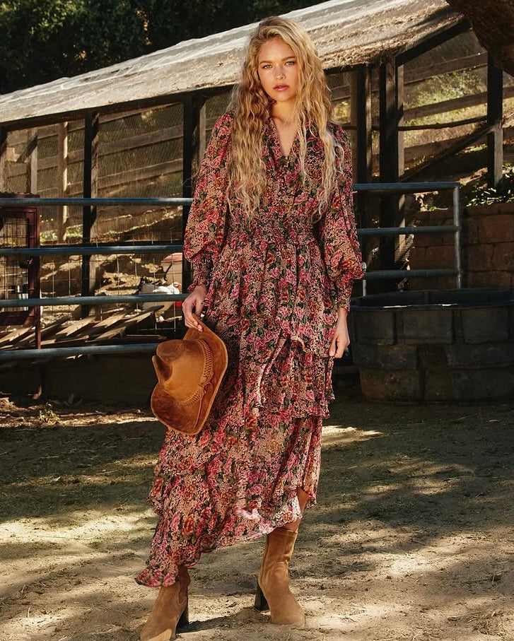 Rose Lurex Cinched Waist Ruffled Dress