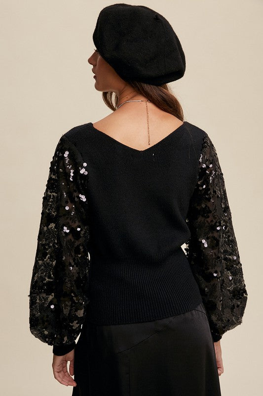 Black Sequin Sleeve Top