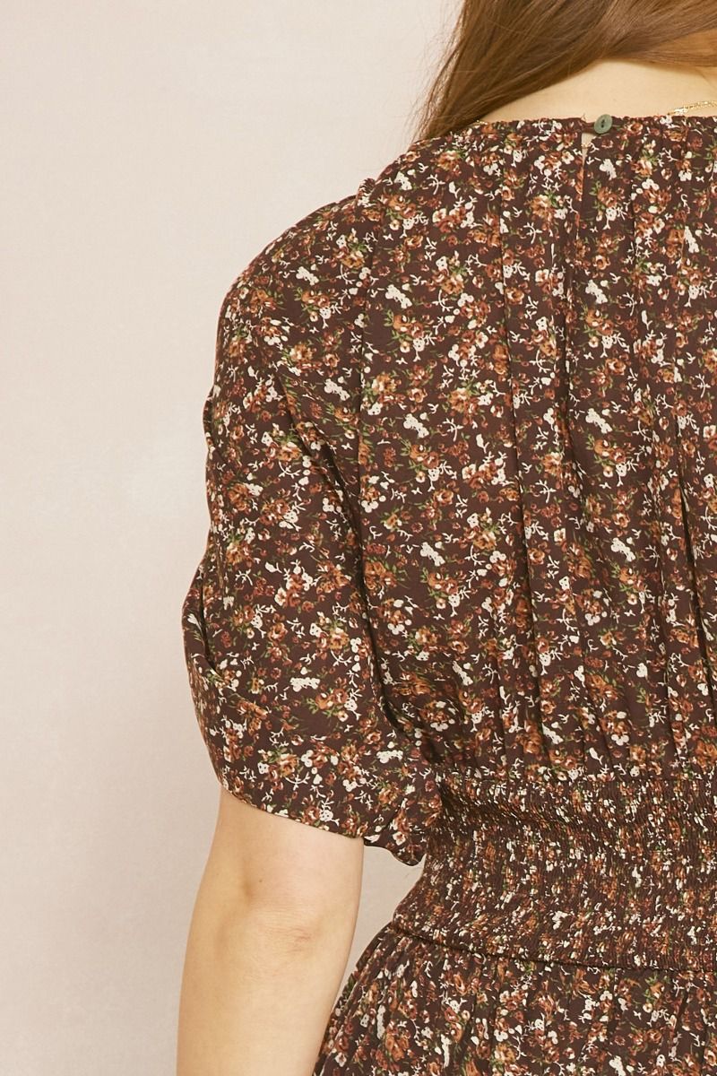 Brown Fall V-neck Short Sleeve Floral Dress