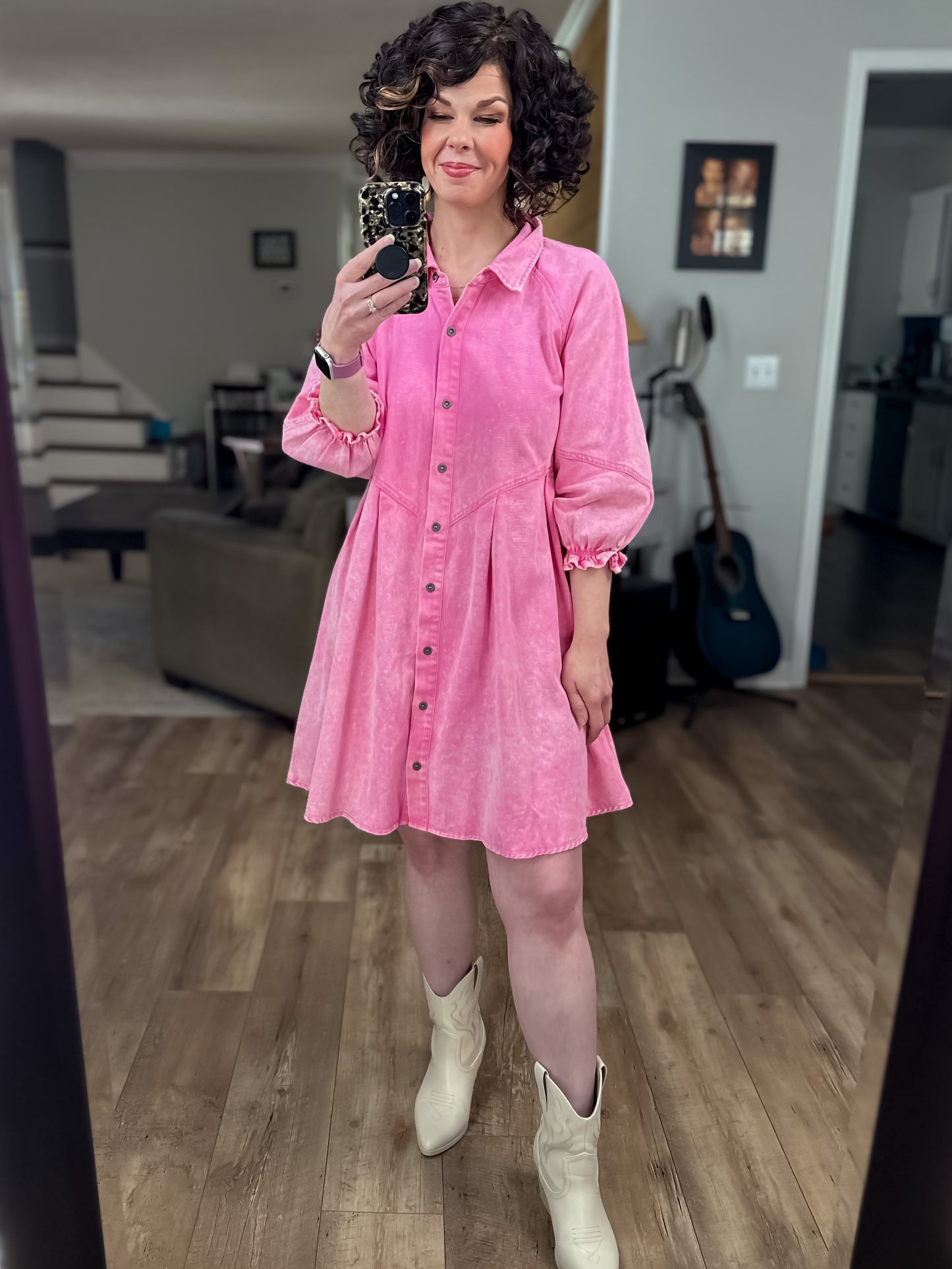 Pink Collared Button Down Ruffle Sleeve Denim Dress