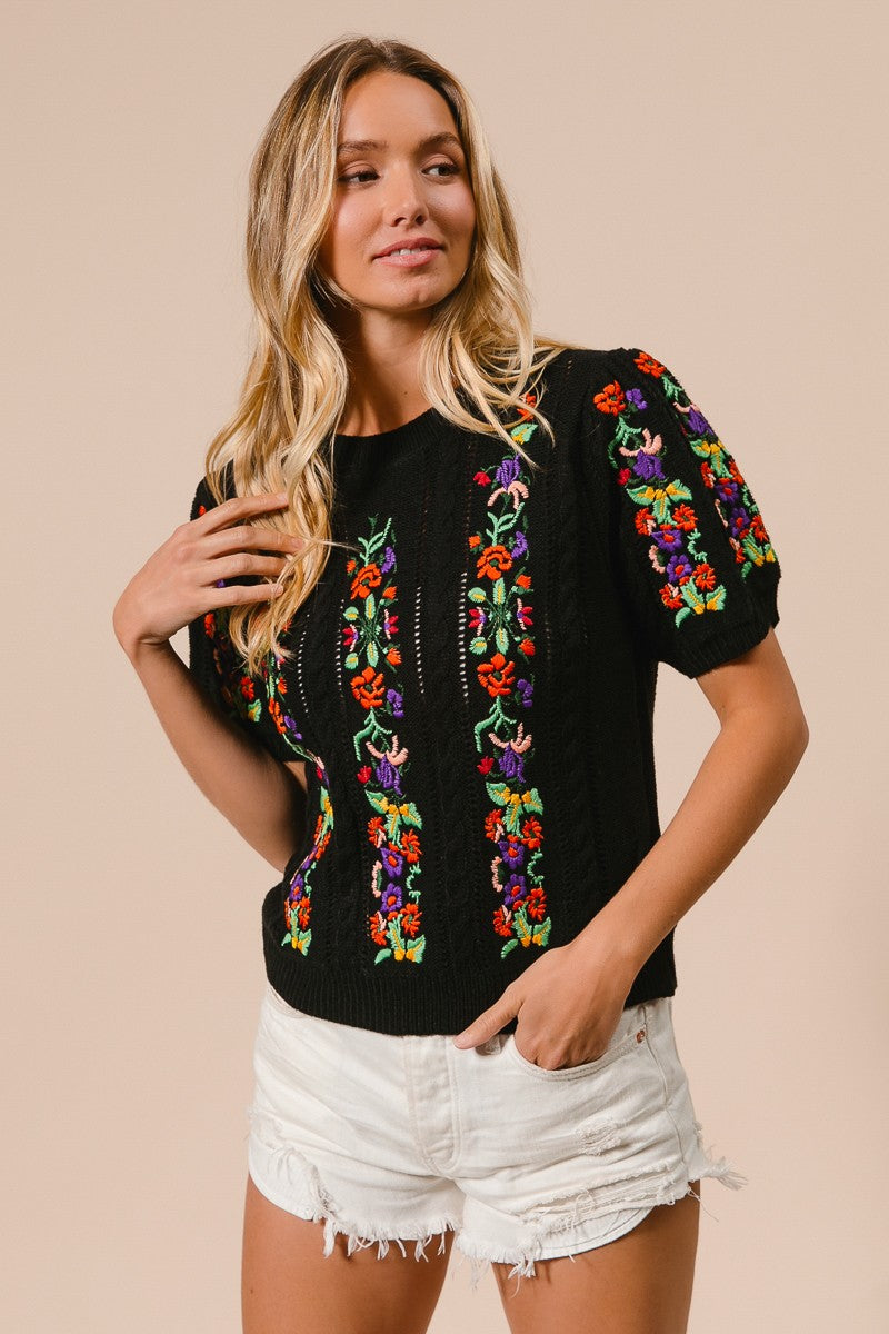 Black Floral Embroidered Sweater