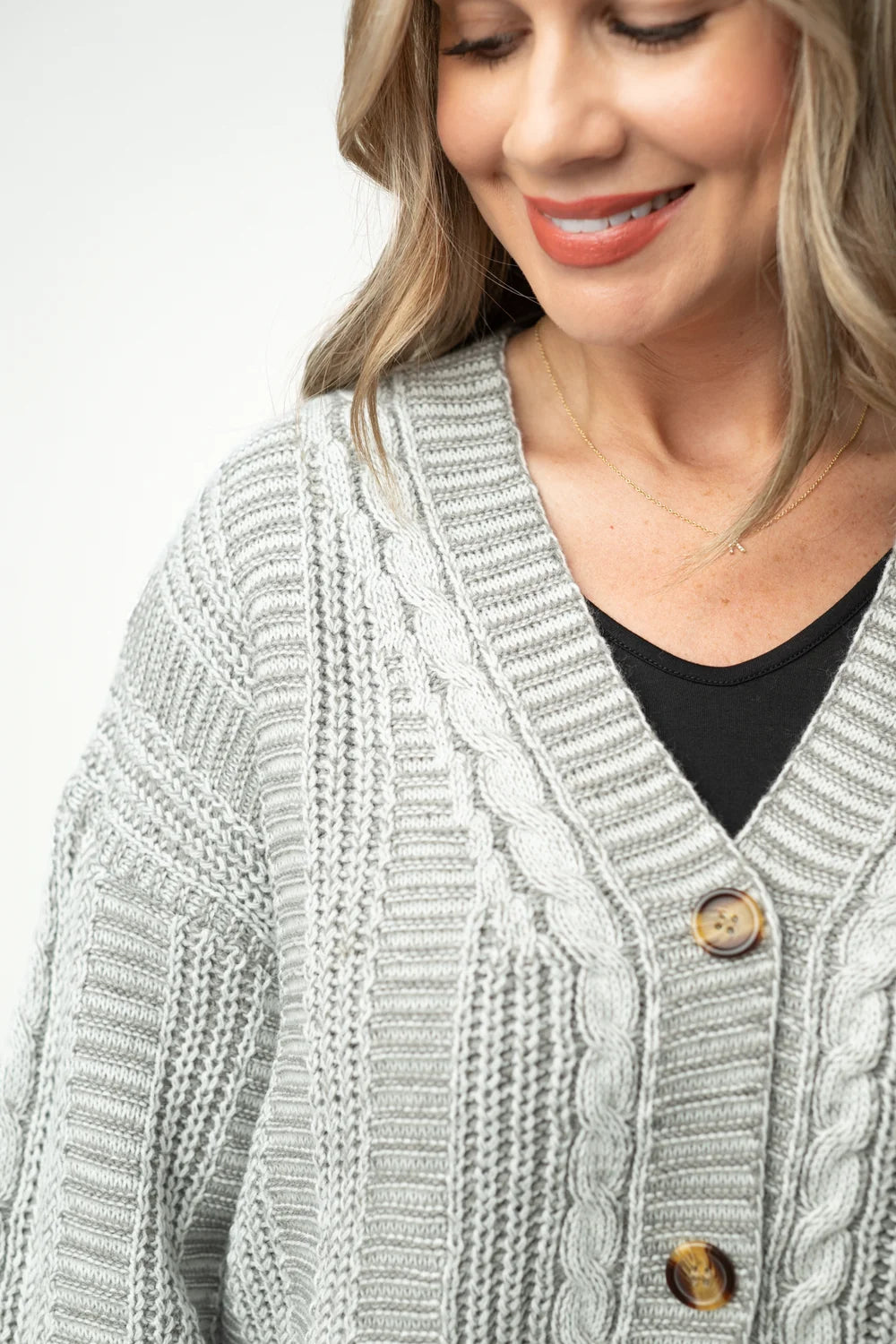 Grey Cable Knit Long Sleeve Cardigan