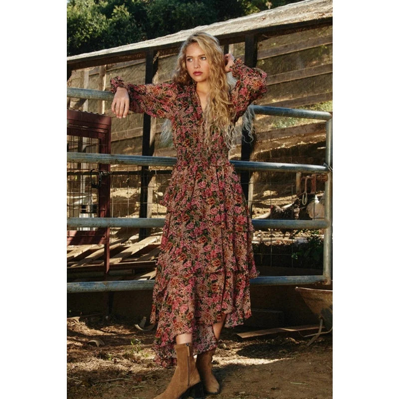 Rose Lurex Cinched Waist Ruffled Dress