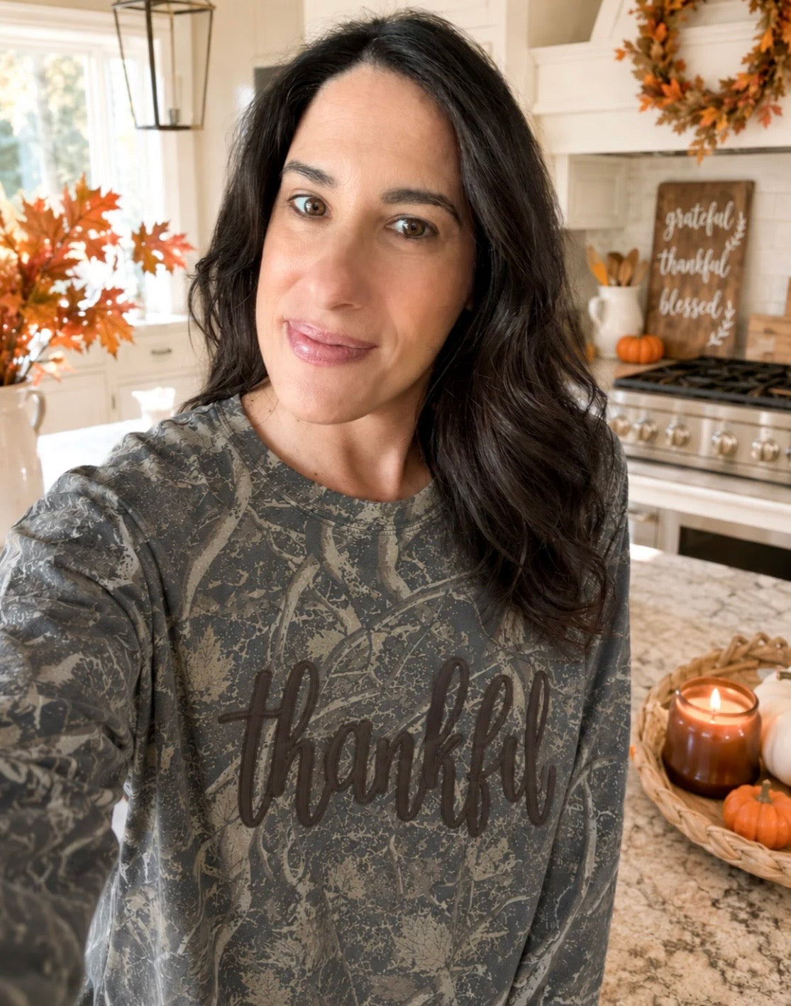 Camo Thankful Puff Ink Long Sleeve Graphic Tee