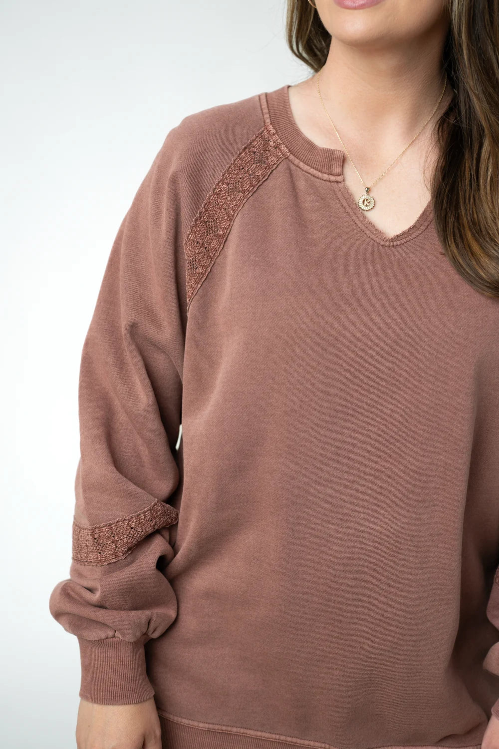 Brown Vintage Wash Lace Accent Pullover