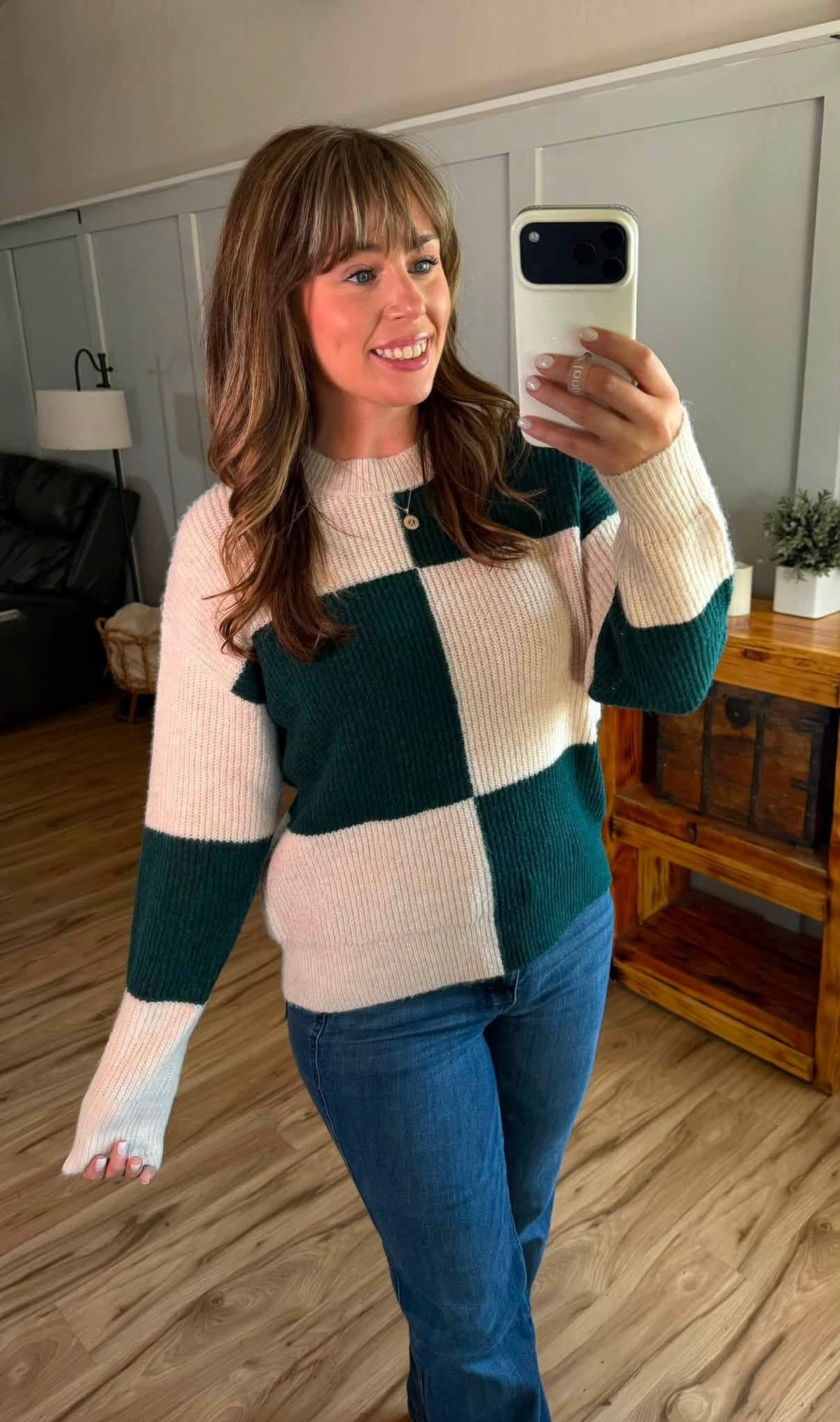 Cream and Evergreen Checkered Sweater