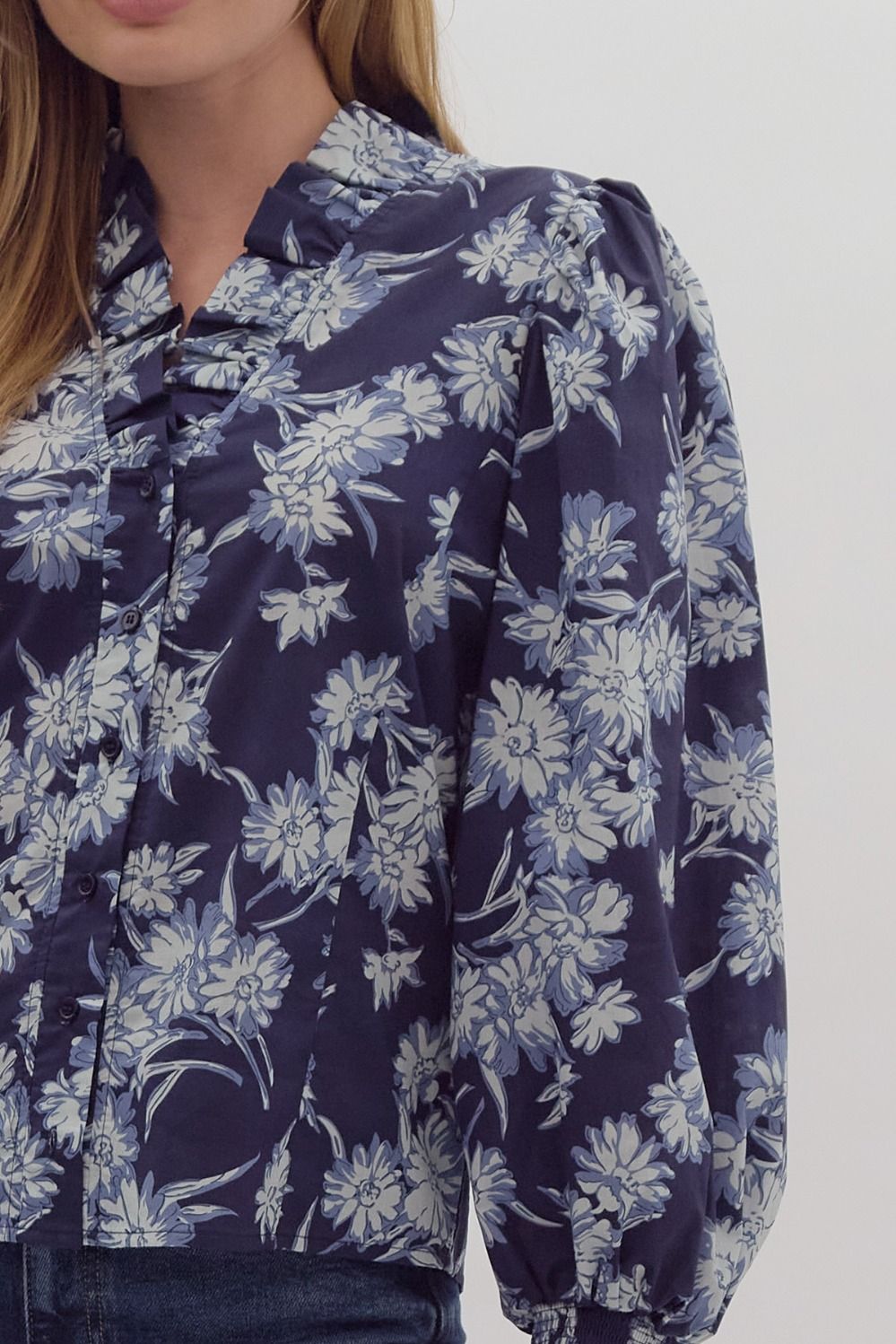 Navy Floral Print Long Sleeve Blouse
