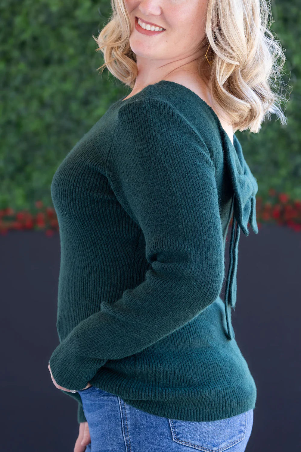 Emerald Green Back Bow Knit Sweater