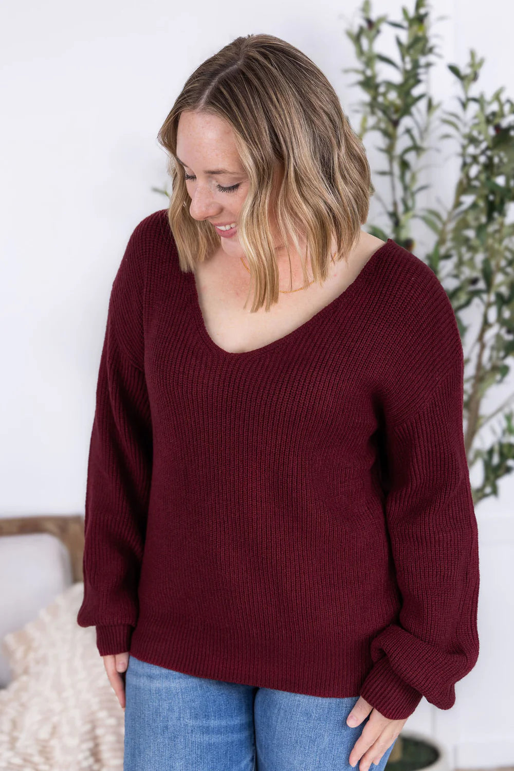 Burgundy Tie Back Knit Sweater