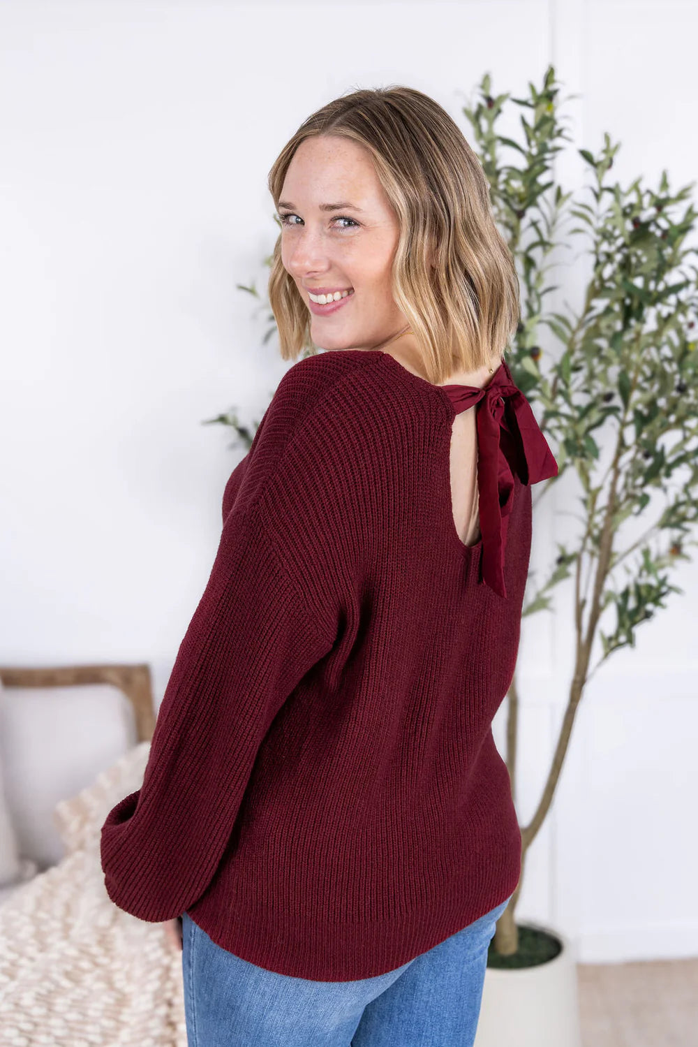 Burgundy Tie Back Knit Sweater