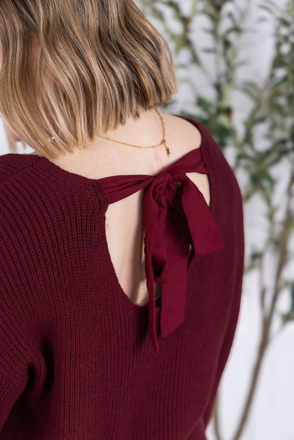 Burgundy Tie Back Knit Sweater