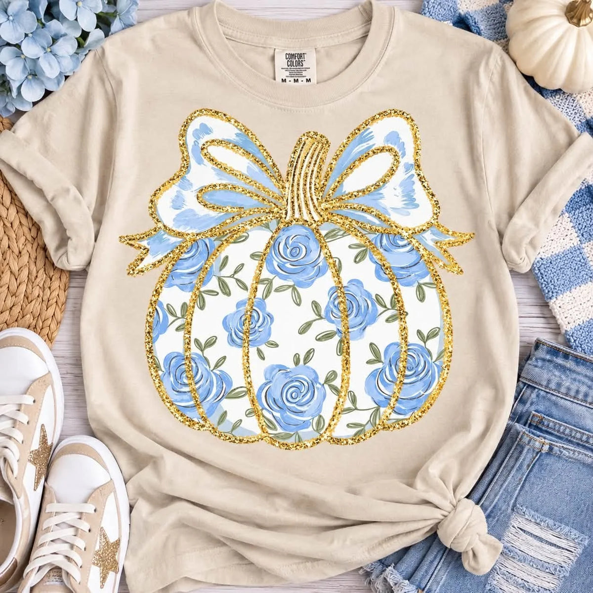 Boho Blue Floral Pumpkin Design Graphic Tee or Sweatshirt