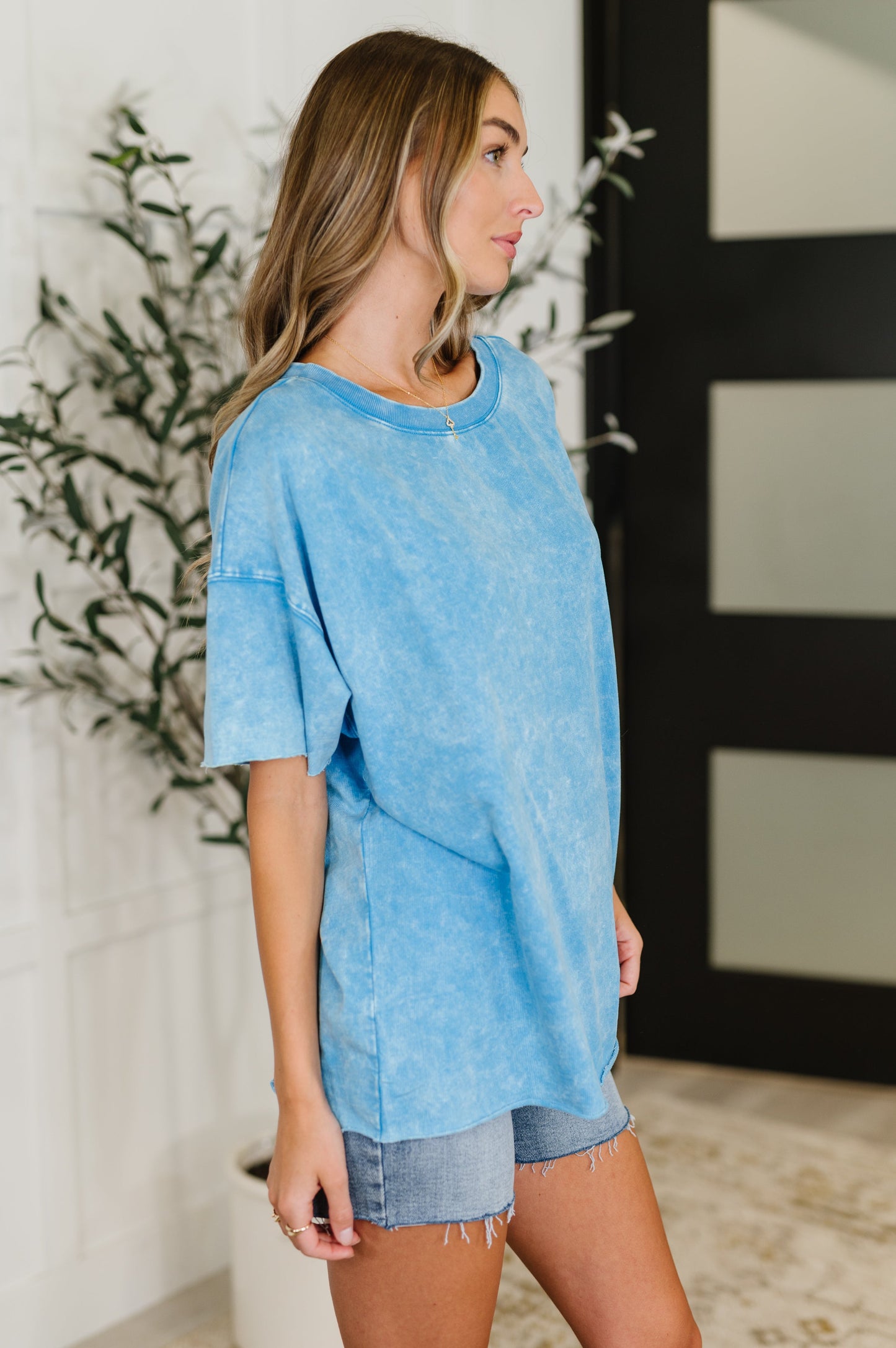 Zenana Mineral Wash Relaxed Top in Deep Sky