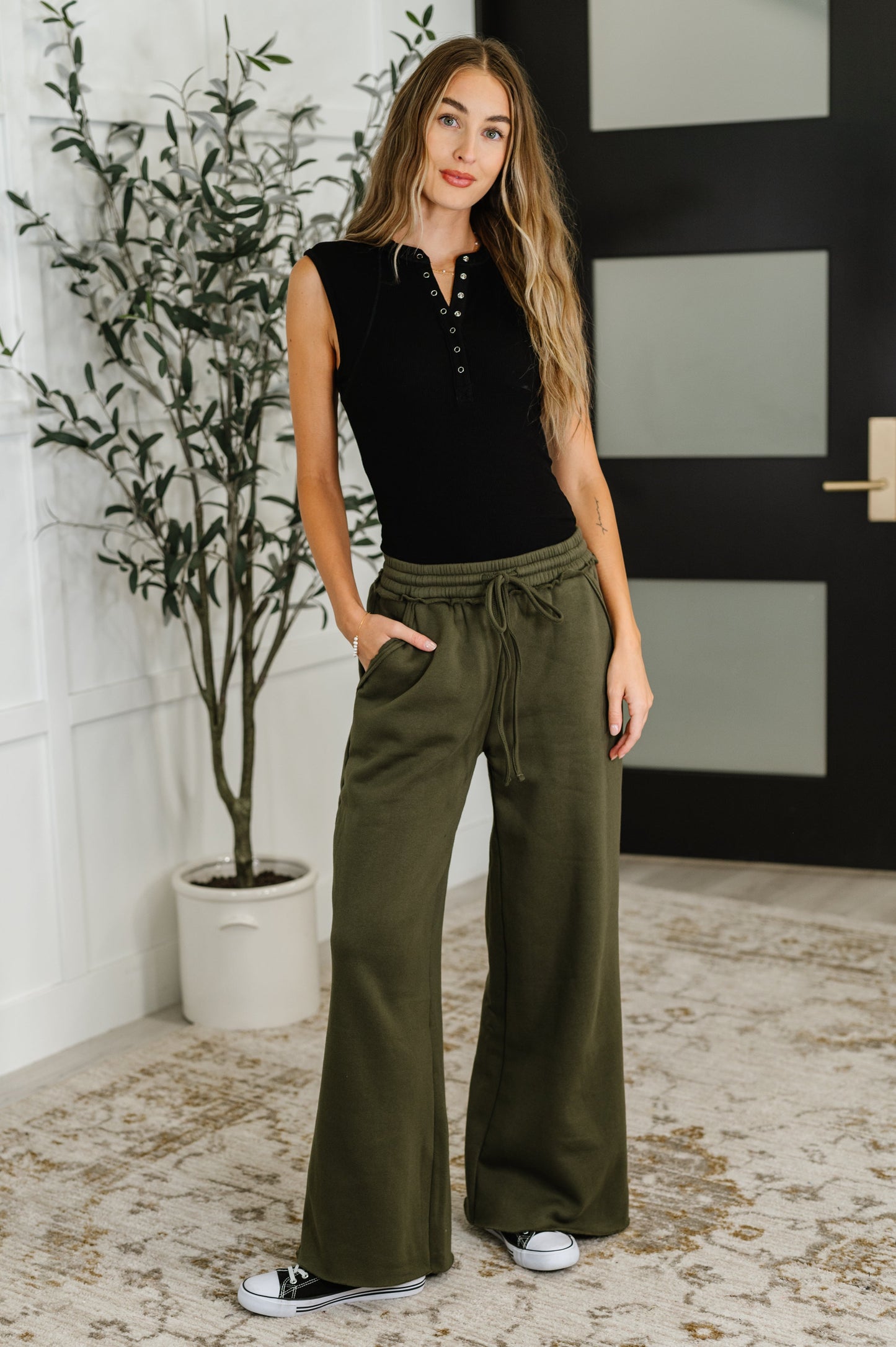 Zenana Wide Leg Sweats in Dark Olive
