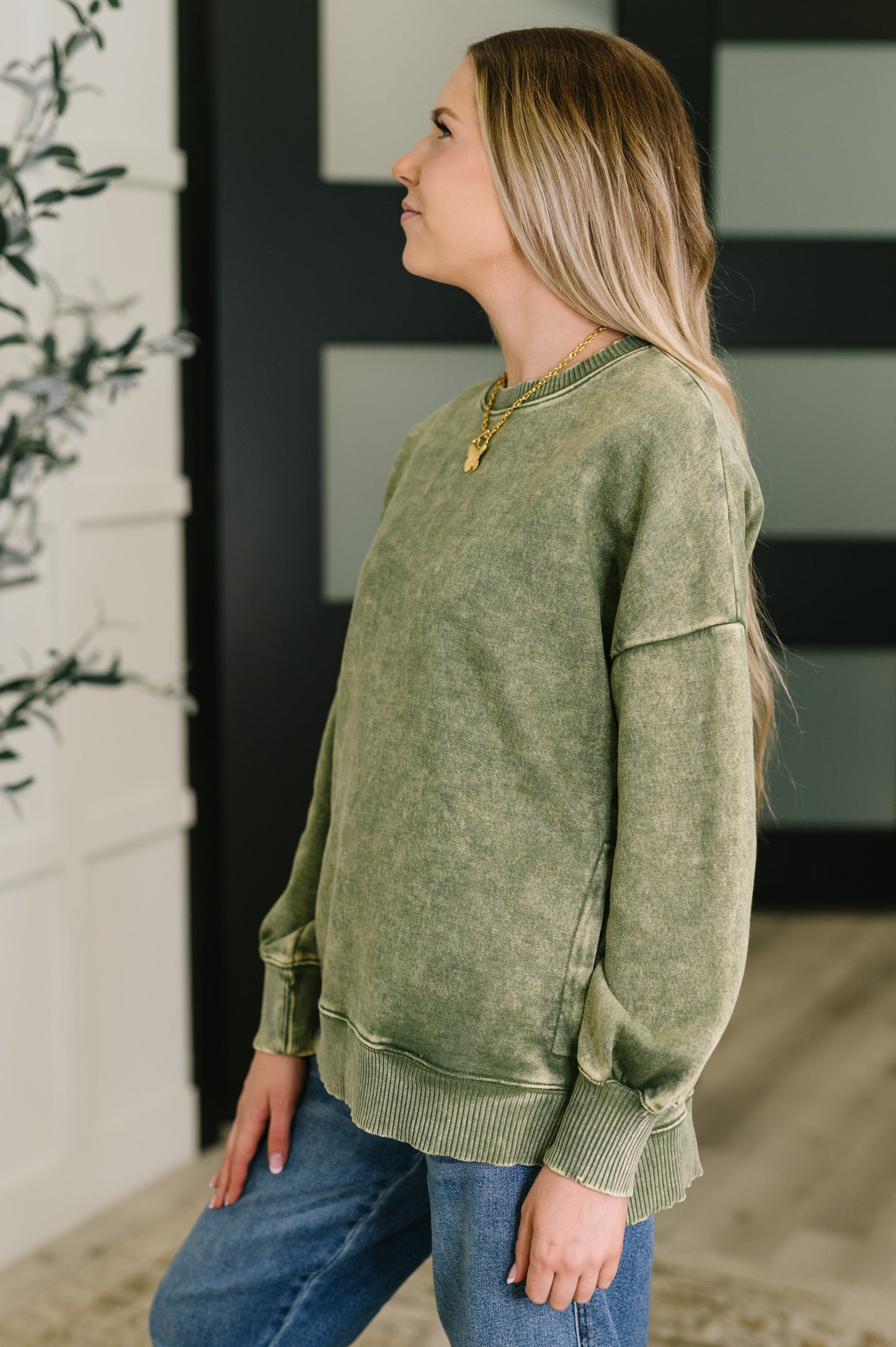 Zenana Mineral Wash Pullover in Light Olive