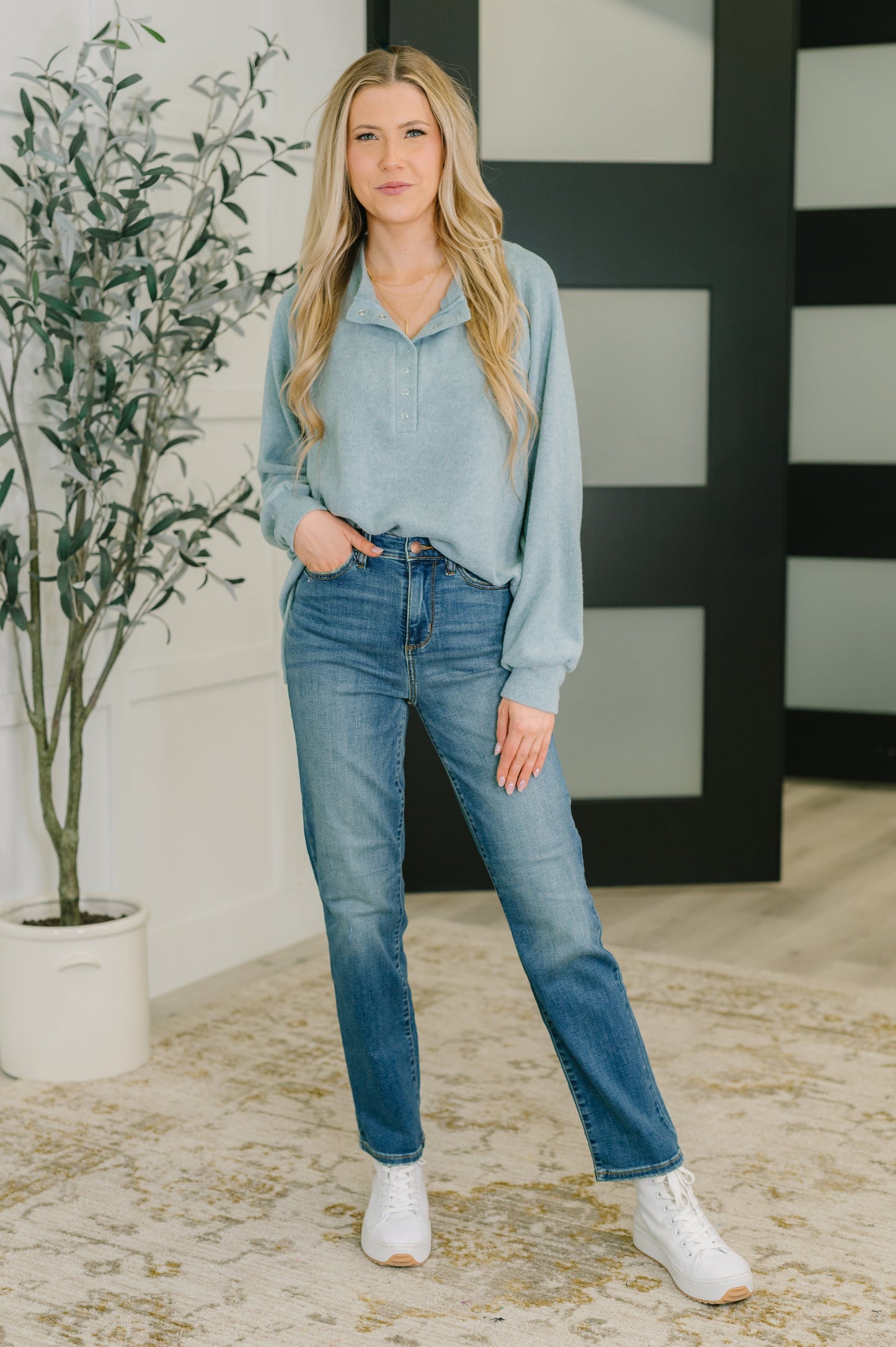Zenana Scooped Hi-Low Long Pullover in Blue Grey