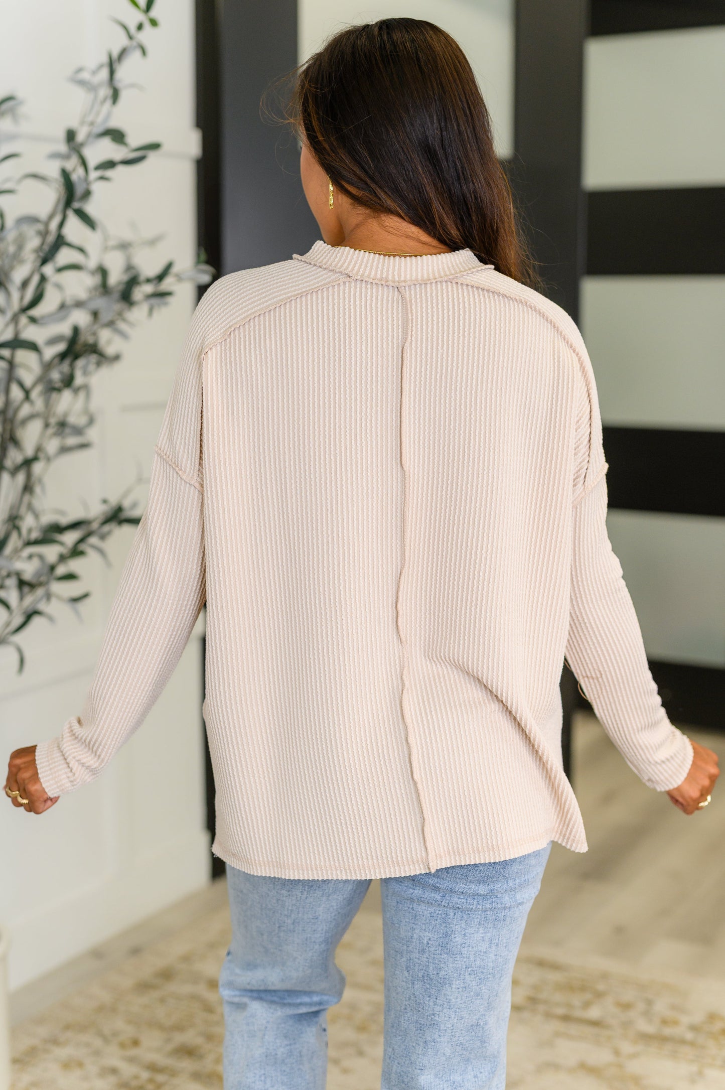 Zenana Ribbed Knit Top in Sand Beige