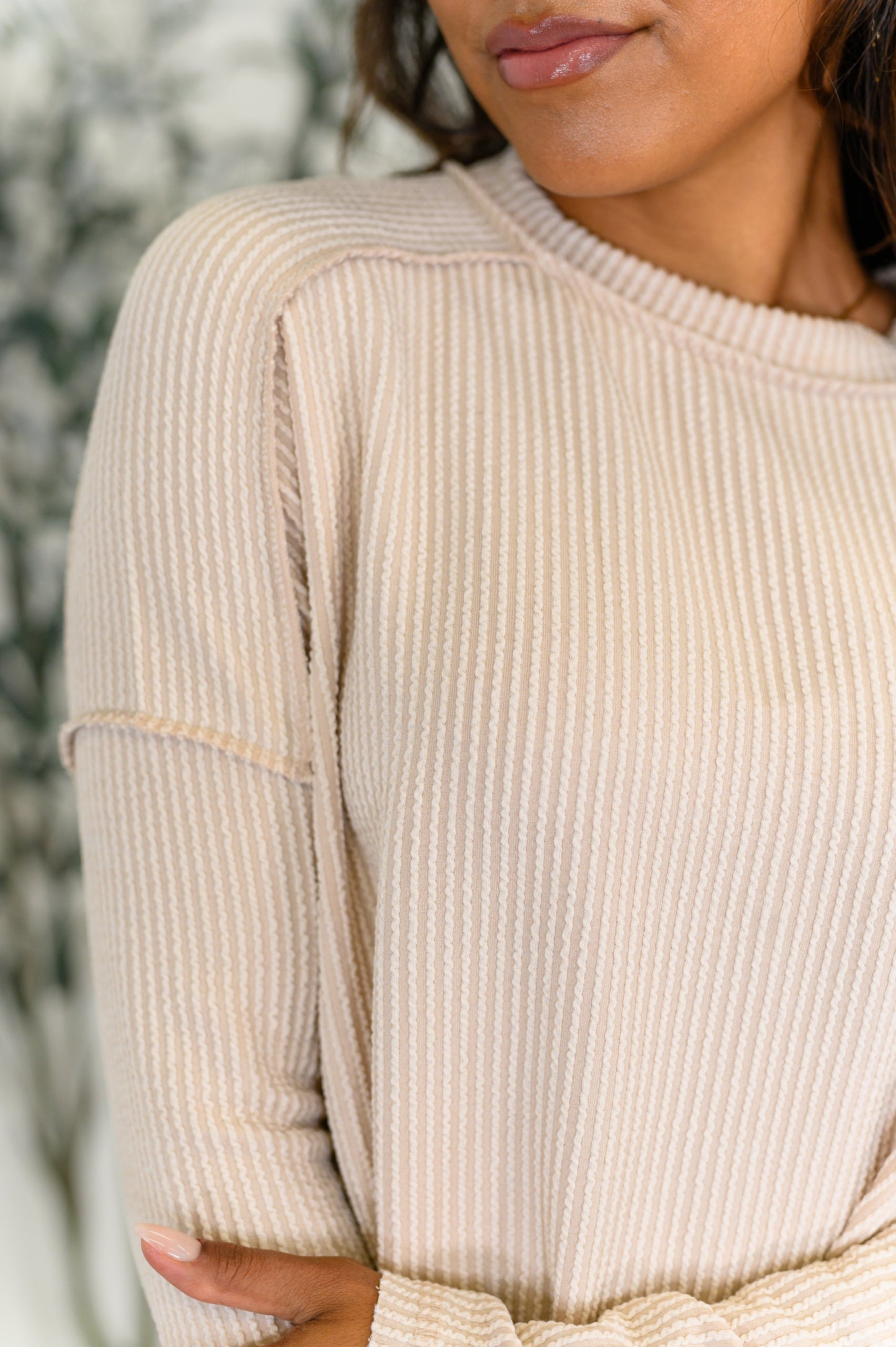 Zenana Ribbed Knit Top in Sand Beige