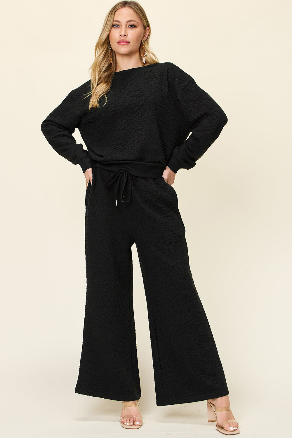 Texture Long Sleeve Top and Pants Set - 4 color options