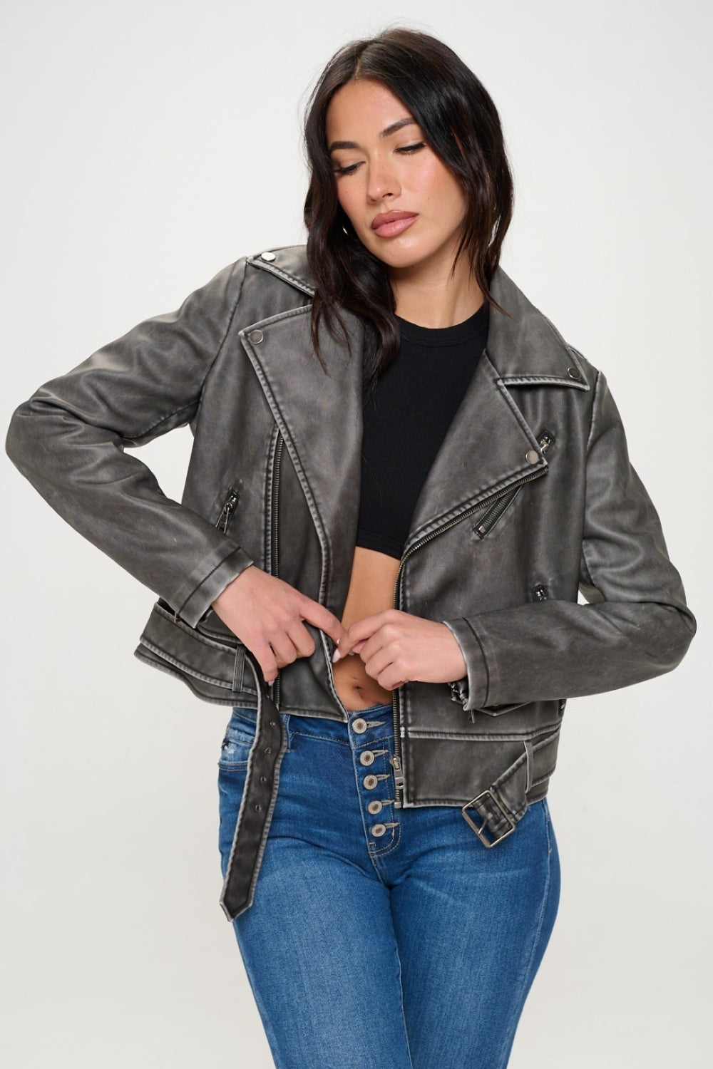 Black Zip Up Biker Jacket with Belt