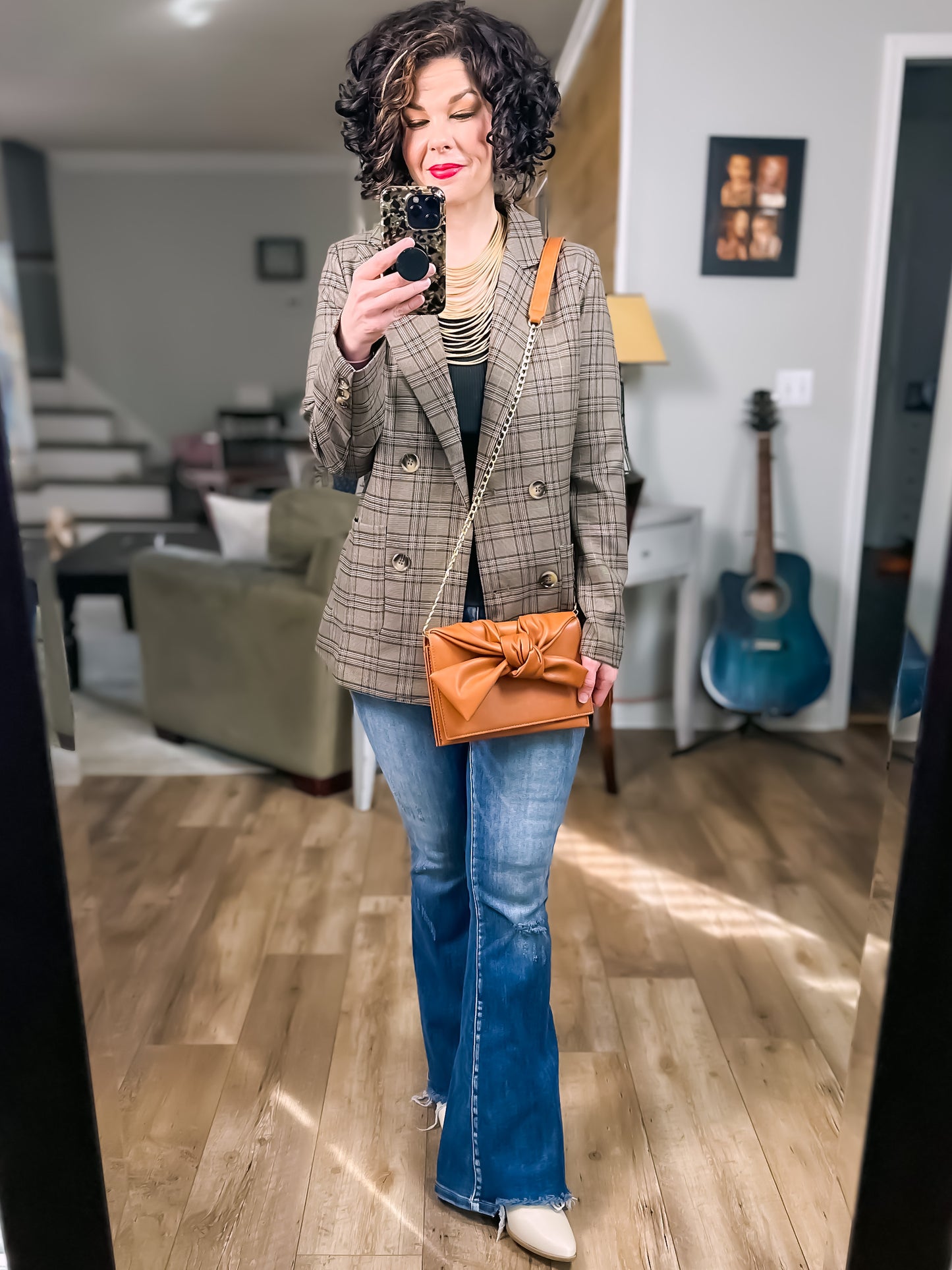 Cognac Faux Leather Bow Clutch Bag (optional crossbody chain)