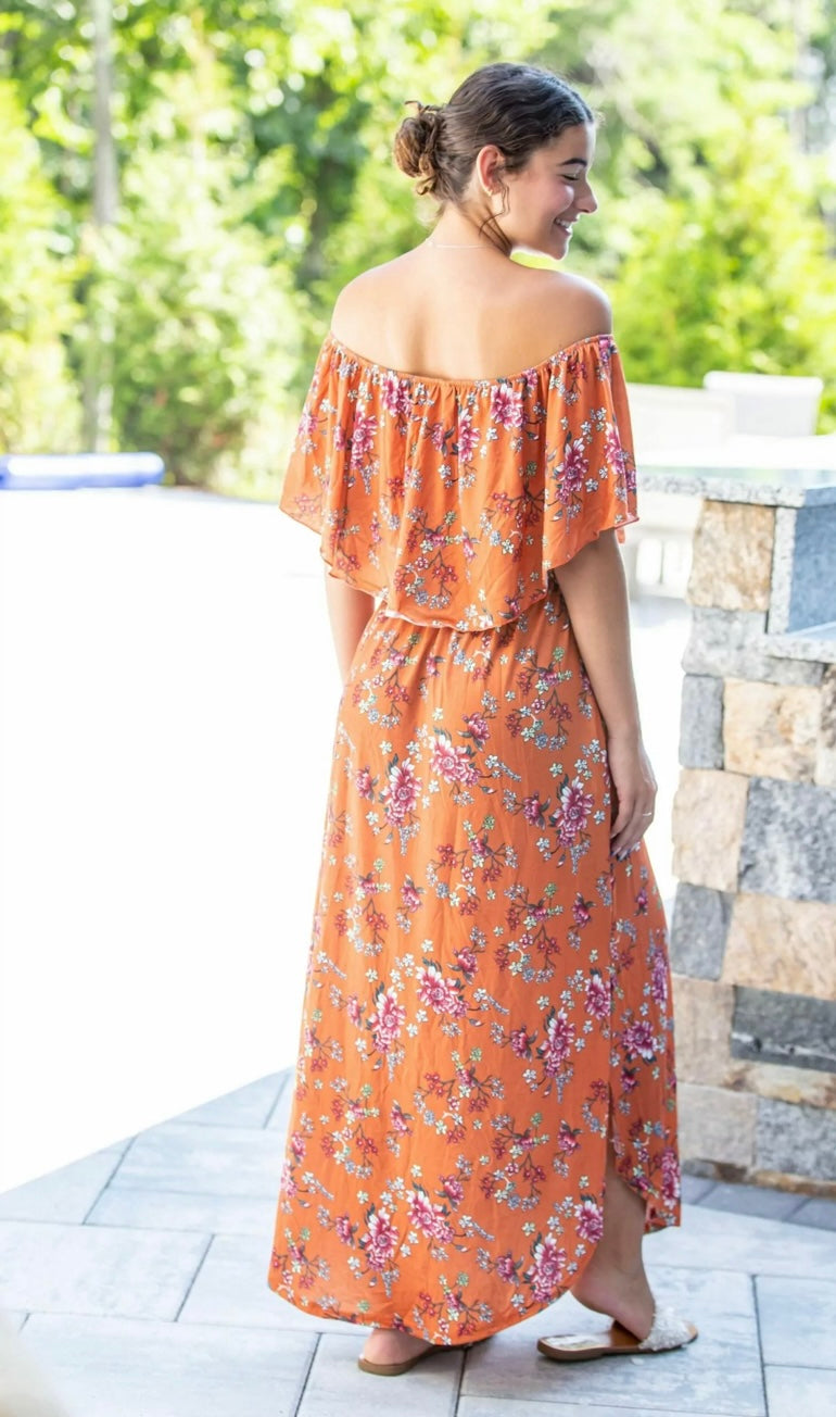 Rust Floral Off The Shoulder Maxi Dress