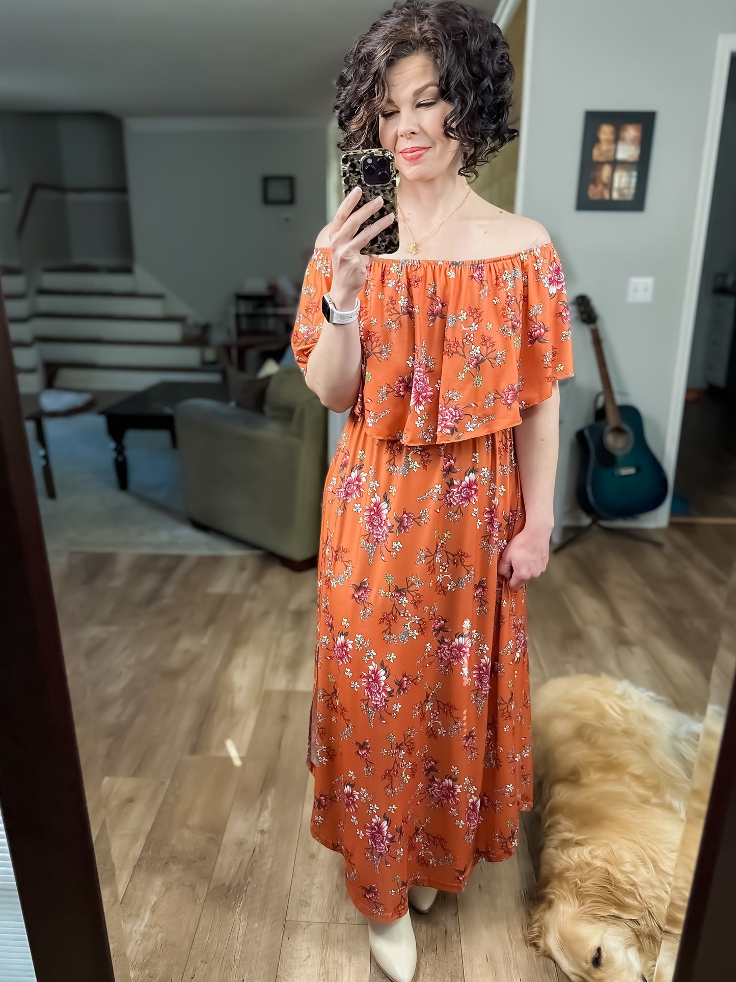 Rust Floral Off The Shoulder Maxi Dress