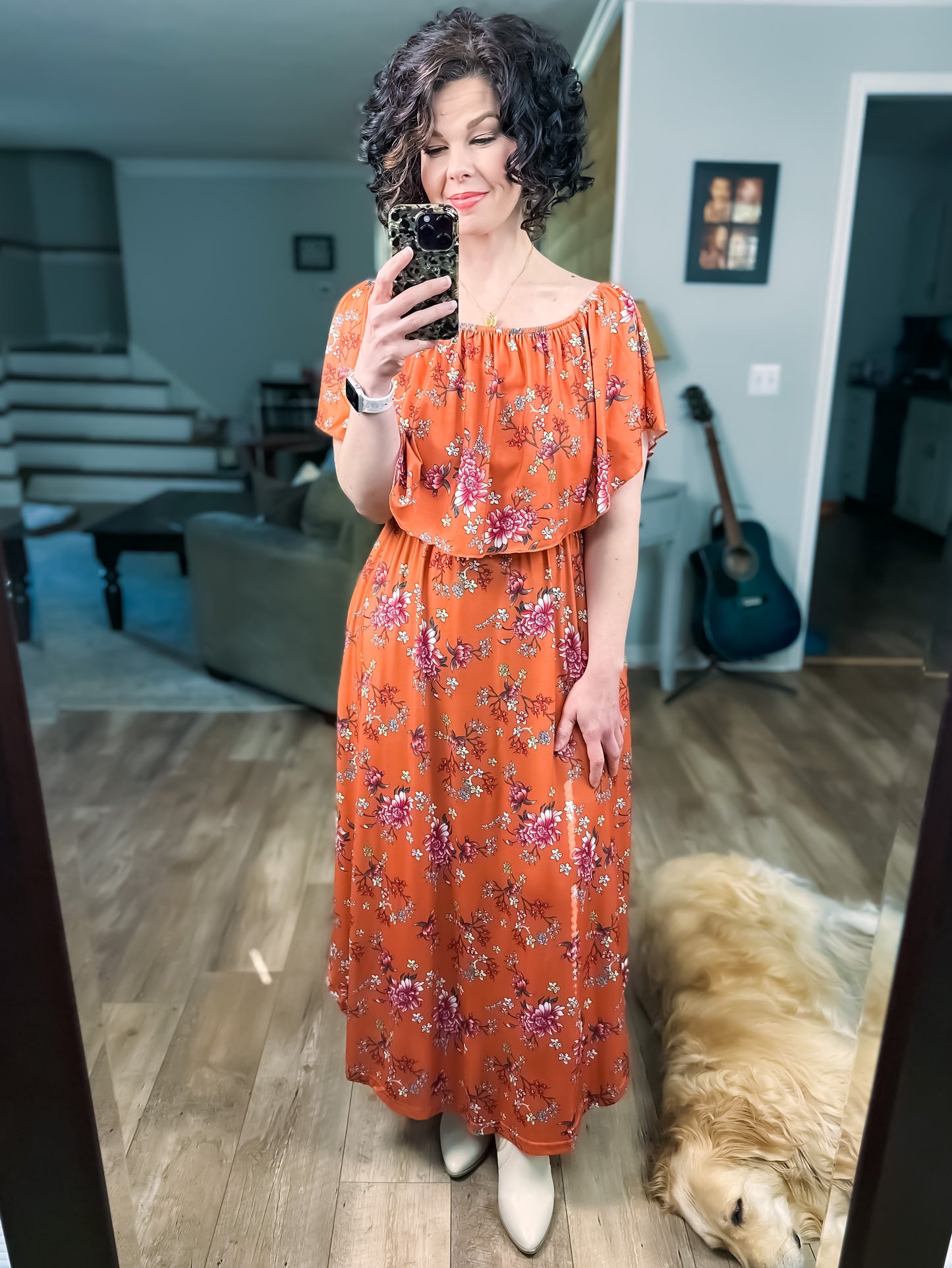 Rust Floral Off The Shoulder Maxi Dress