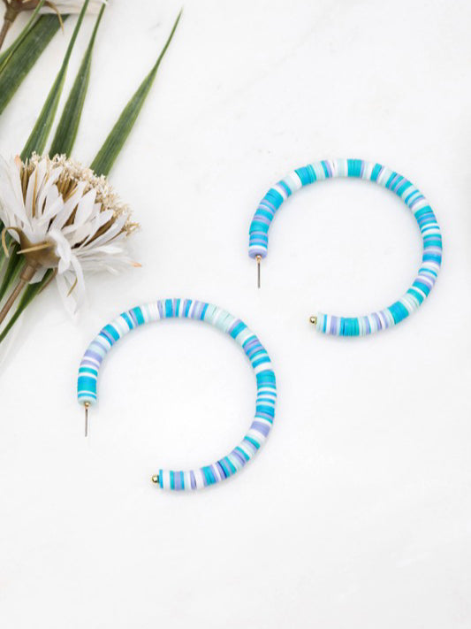 Ocean Blue & White Open Hoop Earrings