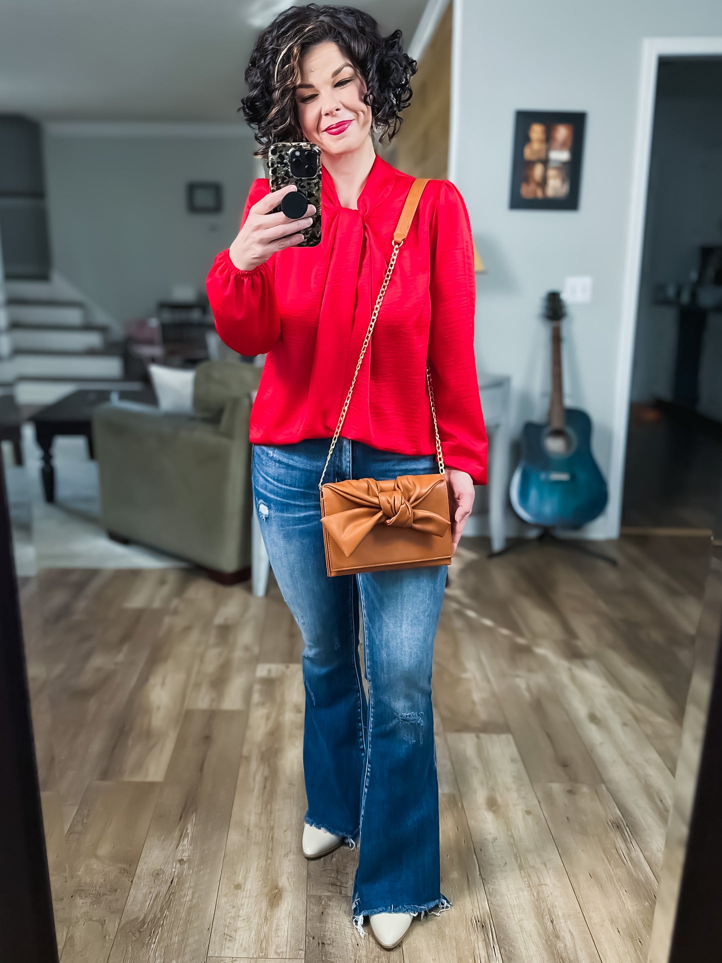 Cognac Faux Leather Bow Clutch Bag (optional crossbody chain)