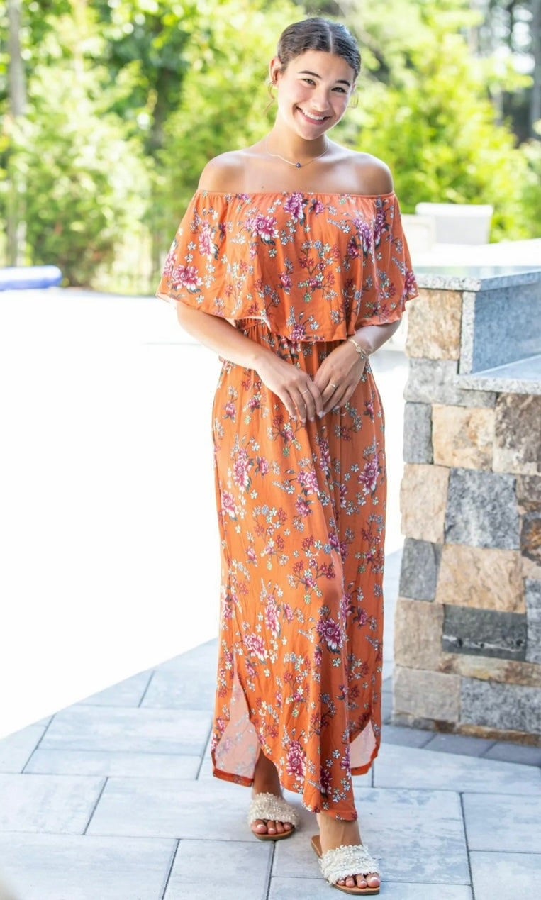 Rust Floral Off The Shoulder Maxi Dress