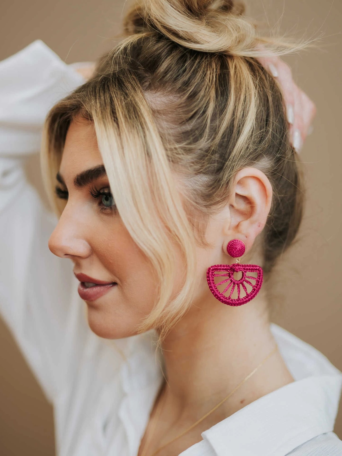 Fuchsia Rattan Half Moon Earrings